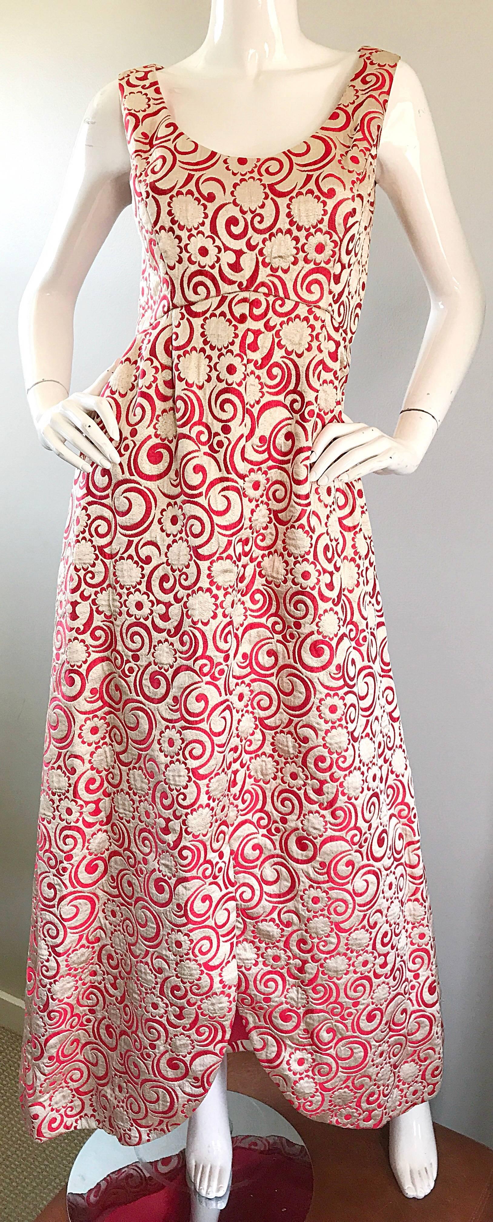 Ceil Chapman 1960s Raspberry Pink + Gold Silk Brocade Flower Vintage 60s Gown  For Sale 1