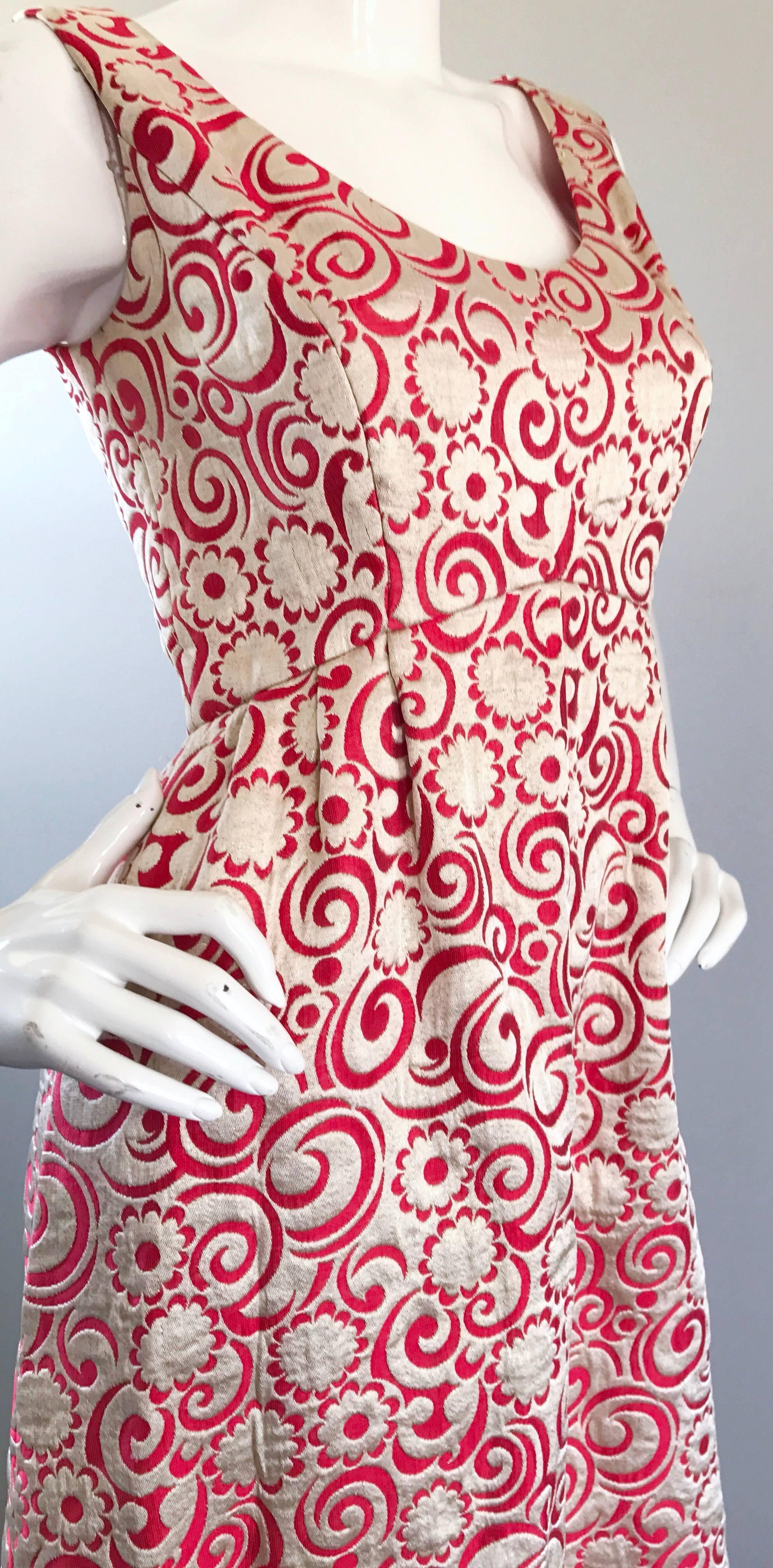Ceil Chapman 1960s Raspberry Pink + Gold Silk Brocade Flower Vintage 60s Gown  For Sale 2