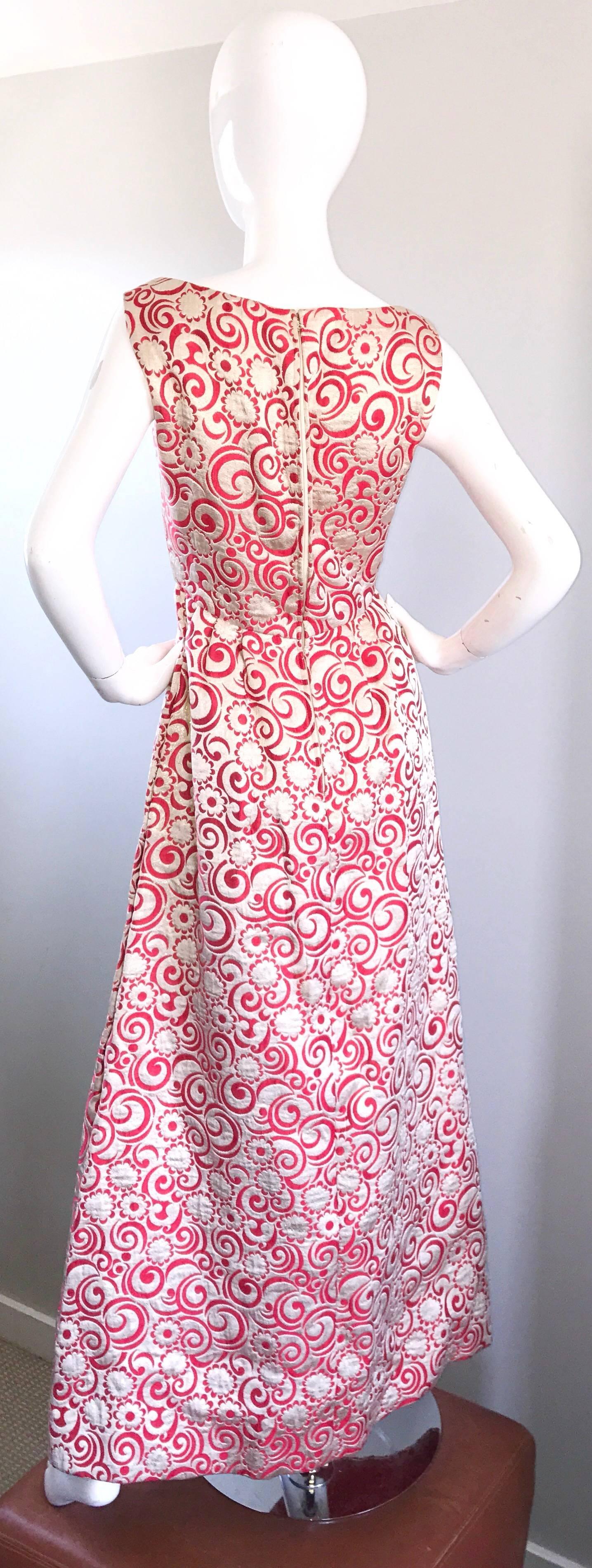 Ceil Chapman 1960s Raspberry Pink + Gold Silk Brocade Flower Vintage 60s Gown  For Sale 3
