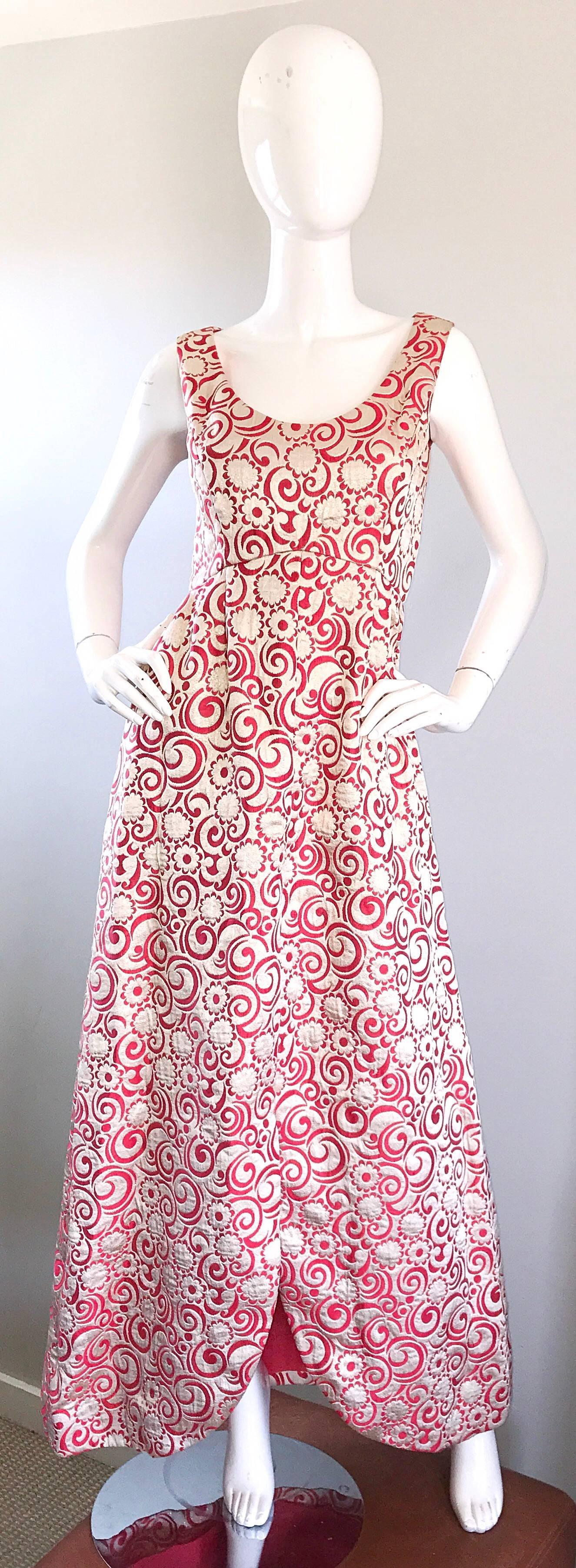 Ceil Chapman 1960s Raspberry Pink + Gold Silk Brocade Flower Vintage 60s Gown  For Sale 4