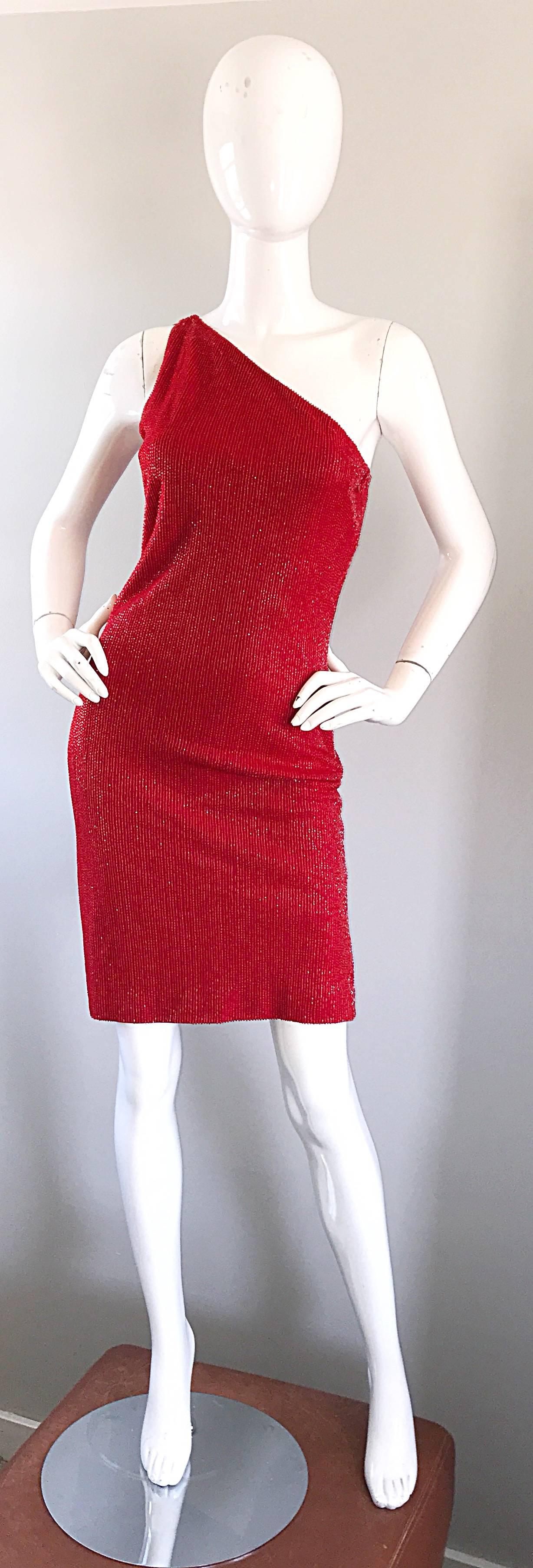 Sexy early 2000s Y2K TULEH, by BRYAN BRADLEY red silk jersey one shoulder heavily beaded toga Grecian cocktail dress! Features thousands of hand-sewn red beads throughout. Flattering bodycon fit that stretches to fit. Hidden zipper up the side with