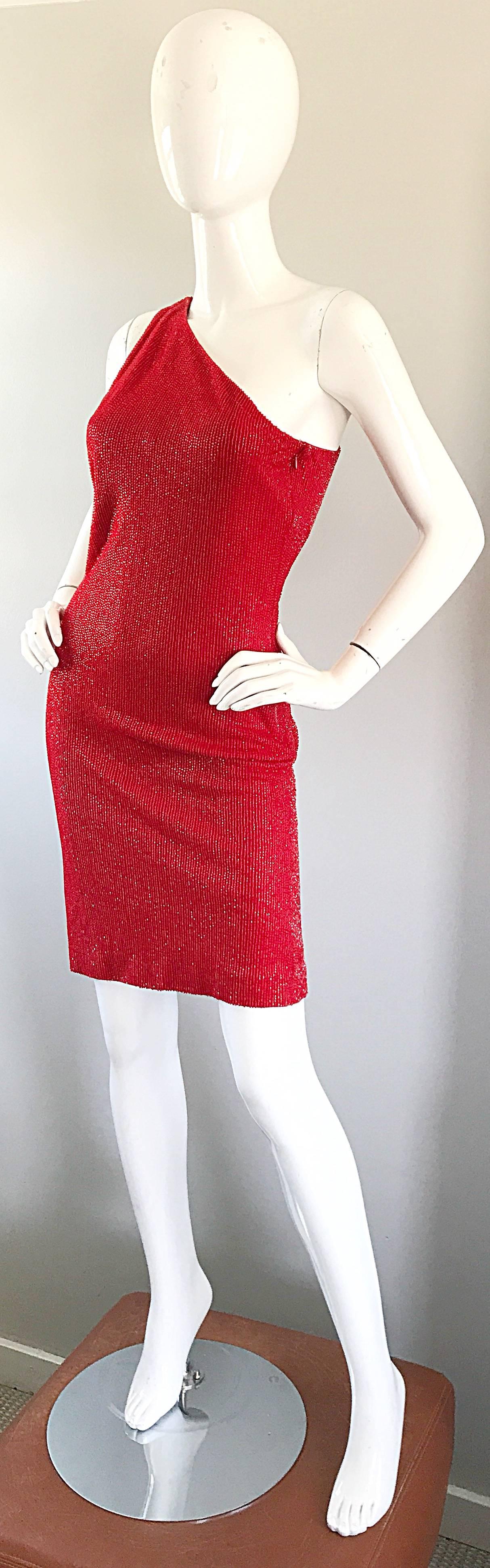 Women's 2000s Tuleh Lipstick Red Silk Fully Beaded Size 8 One Shoulder Vintage Y2K Dress For Sale