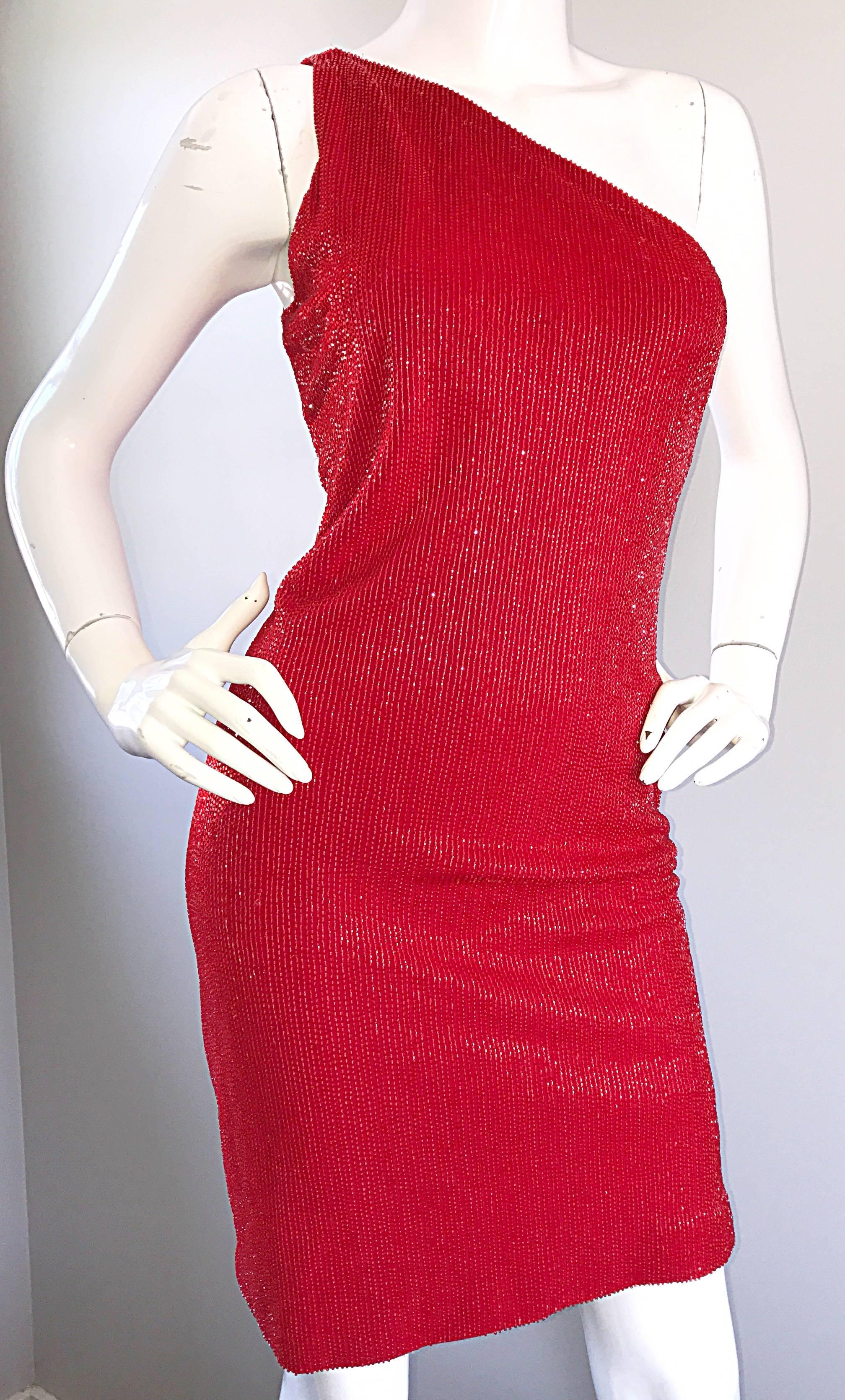 2000s Tuleh Lipstick Red Silk Fully Beaded Size 8 One Shoulder Vintage Y2K Dress For Sale 1