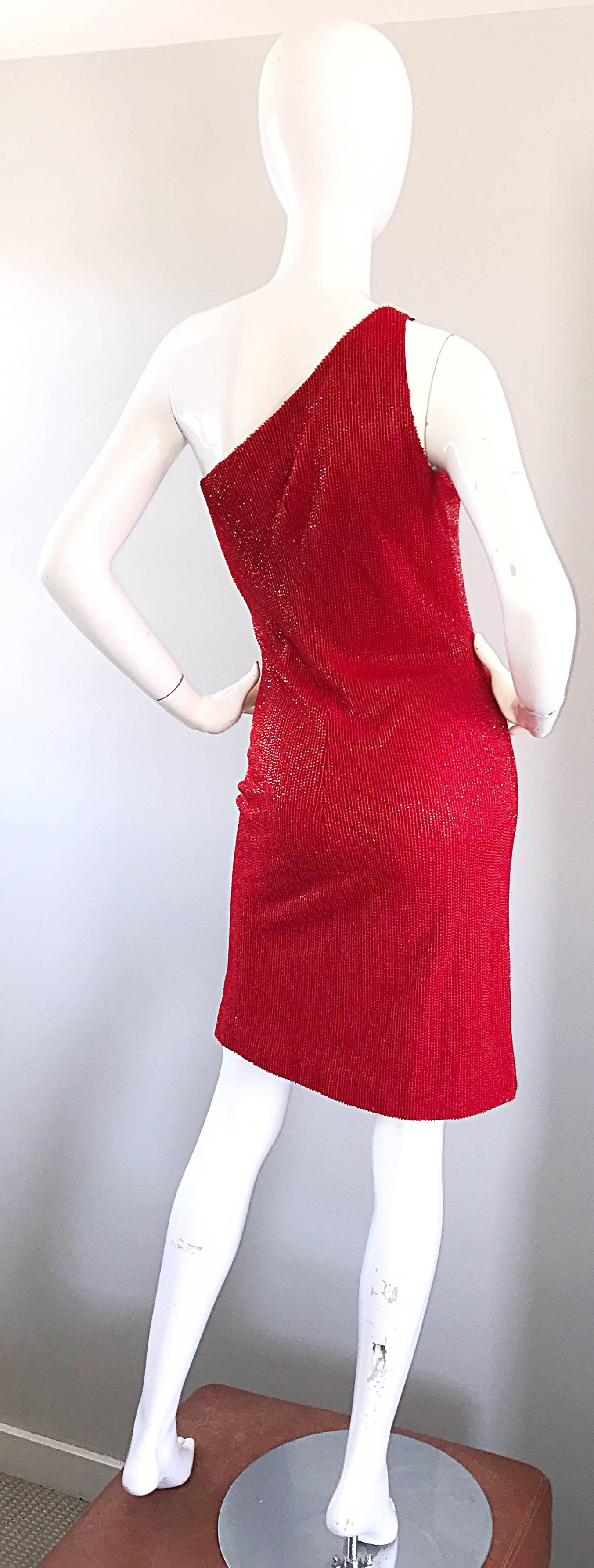 2000s Tuleh Lipstick Red Silk Fully Beaded Size 8 One Shoulder Vintage Y2K Dress For Sale 2