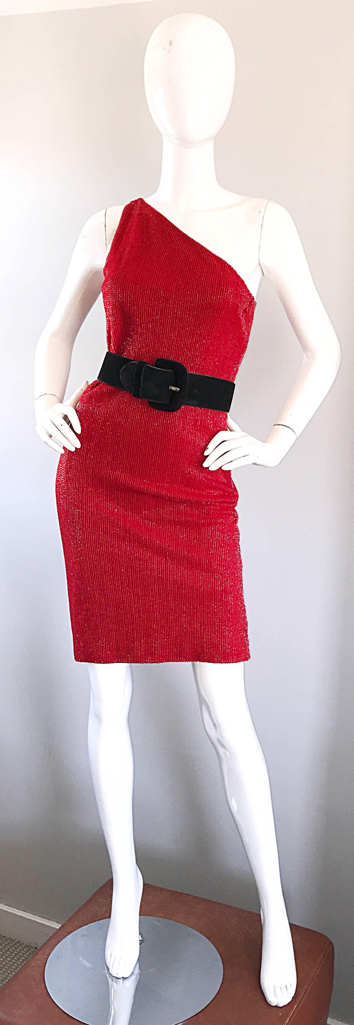 2000s Tuleh Lipstick Red Silk Fully Beaded Size 8 One Shoulder Vintage Y2K Dress For Sale 3