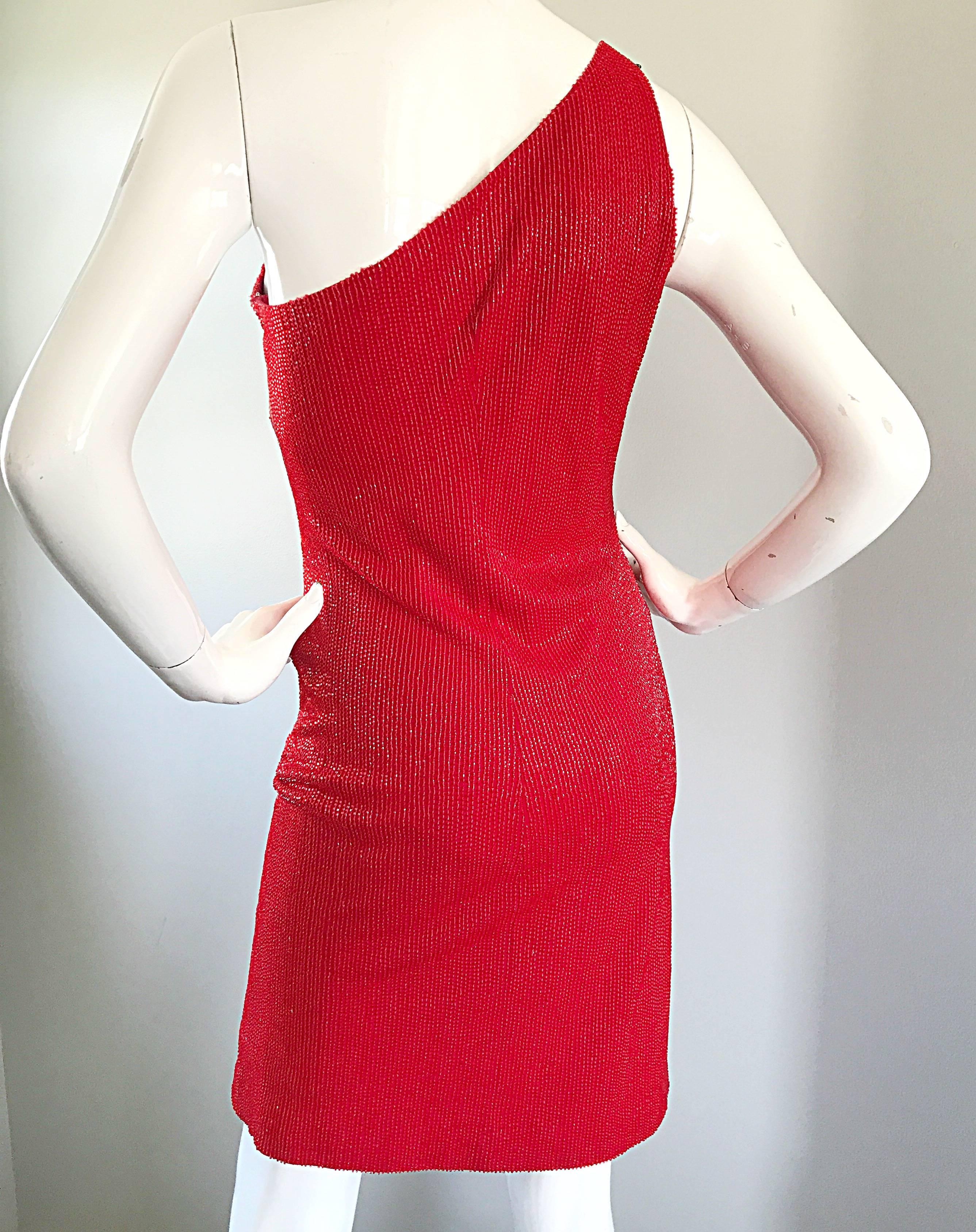 2000s Tuleh Lipstick Red Silk Fully Beaded Size 8 One Shoulder Vintage Y2K Dress For Sale 4