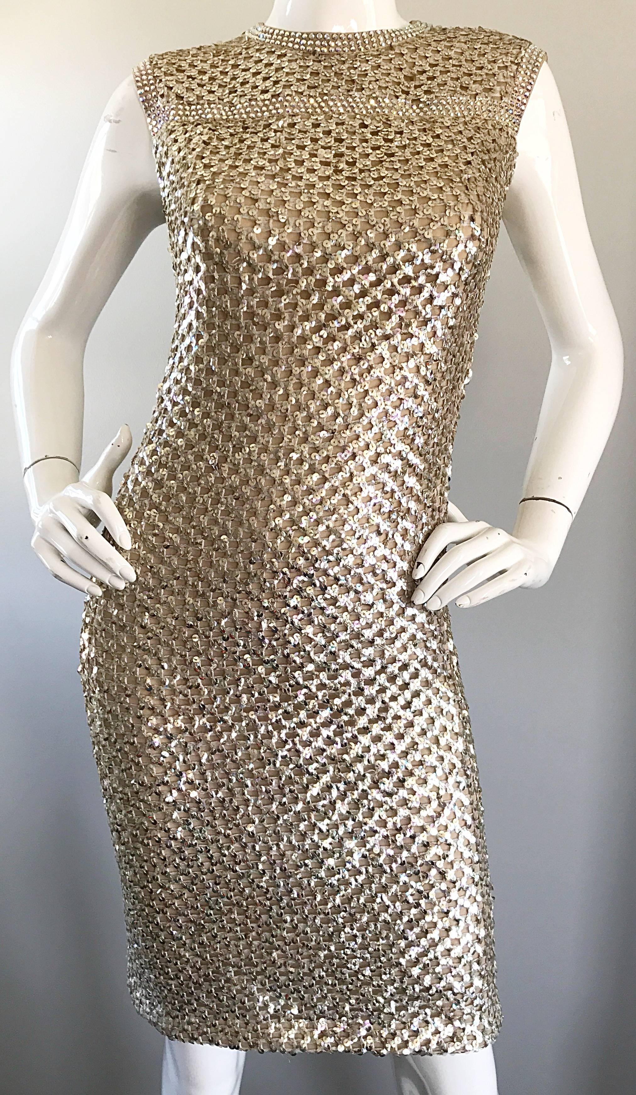 Brown Documented 1960s Pat Sandler Lauren Hutton Gold Sequin Rhinestone Vintage Dress For Sale
