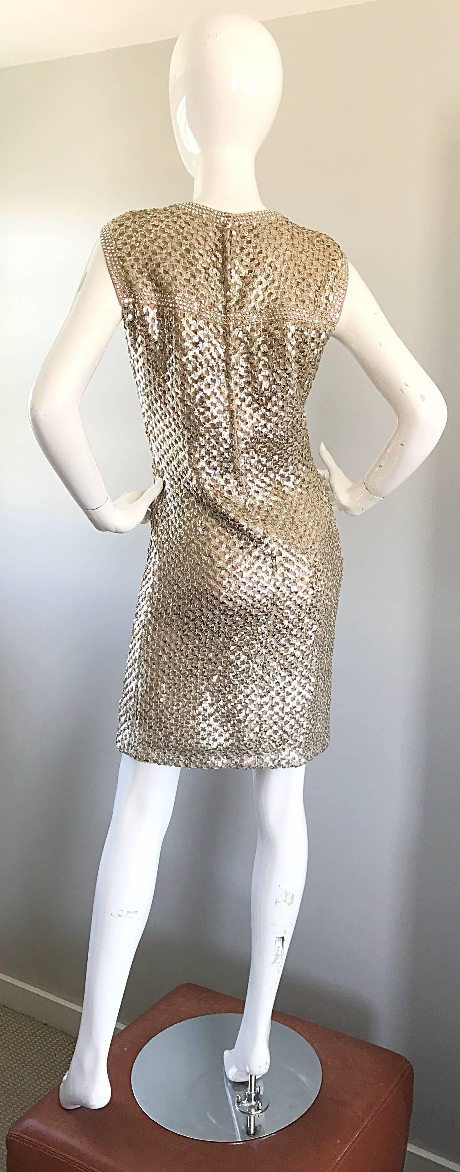 Documented 1960s Pat Sandler Lauren Hutton Gold Sequin Rhinestone Vintage Dress In Excellent Condition For Sale In San Diego, CA