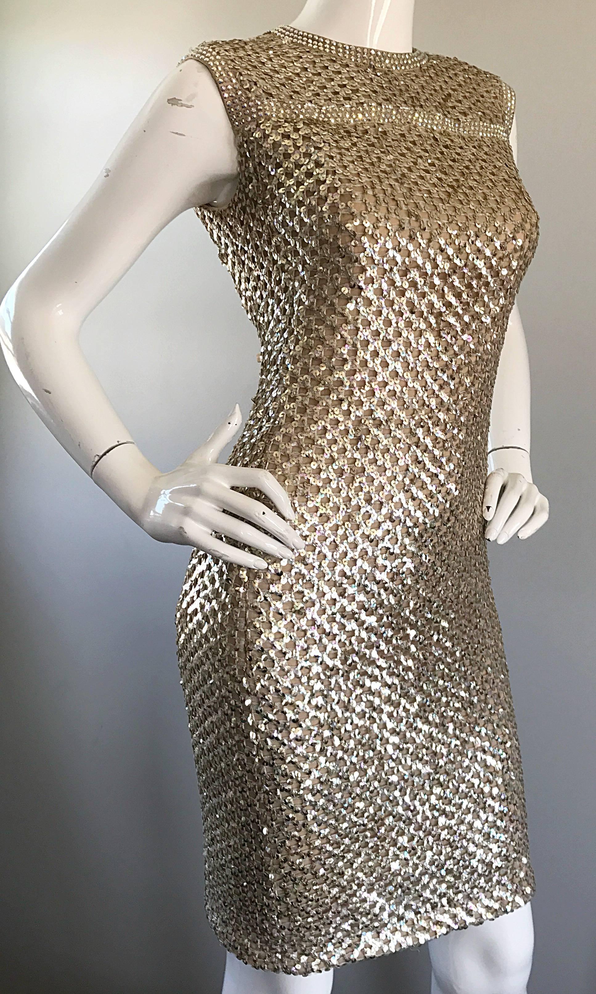 Women's Documented 1960s Pat Sandler Lauren Hutton Gold Sequin Rhinestone Vintage Dress For Sale