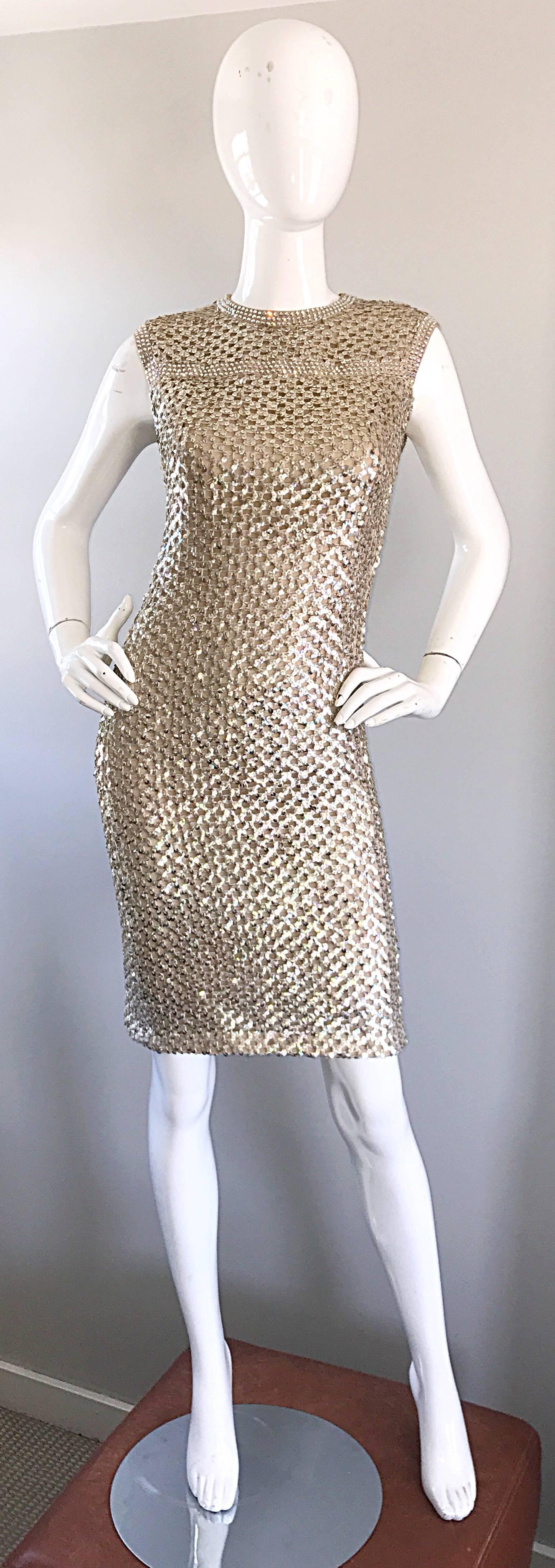 Documented 1960s Pat Sandler Lauren Hutton Gold Sequin Rhinestone Vintage Dress For Sale 1