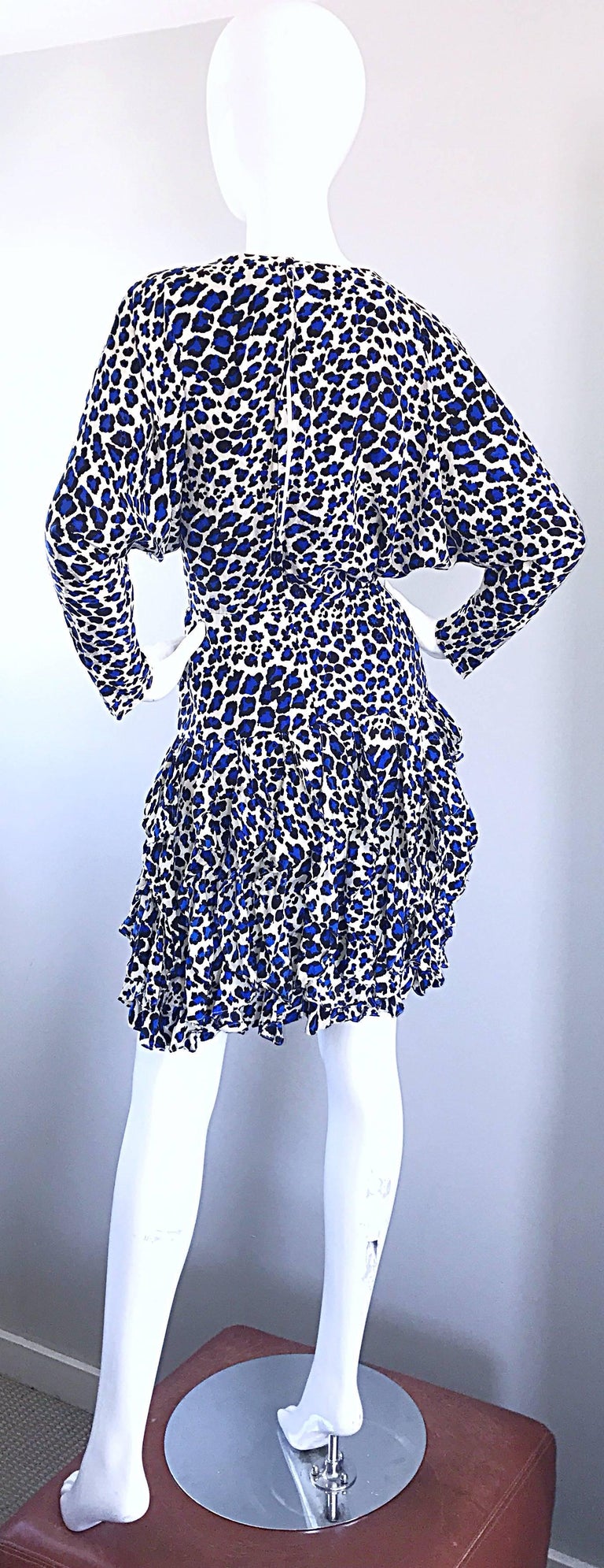 Vintage Christian Dior 1980s Blue Leopard Print Silk Dolman Sleeve 80s