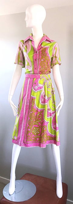 1960s Emilio Pucci Cotton Pink and Green Vintage 60s Blouse and Skirt Dress Set