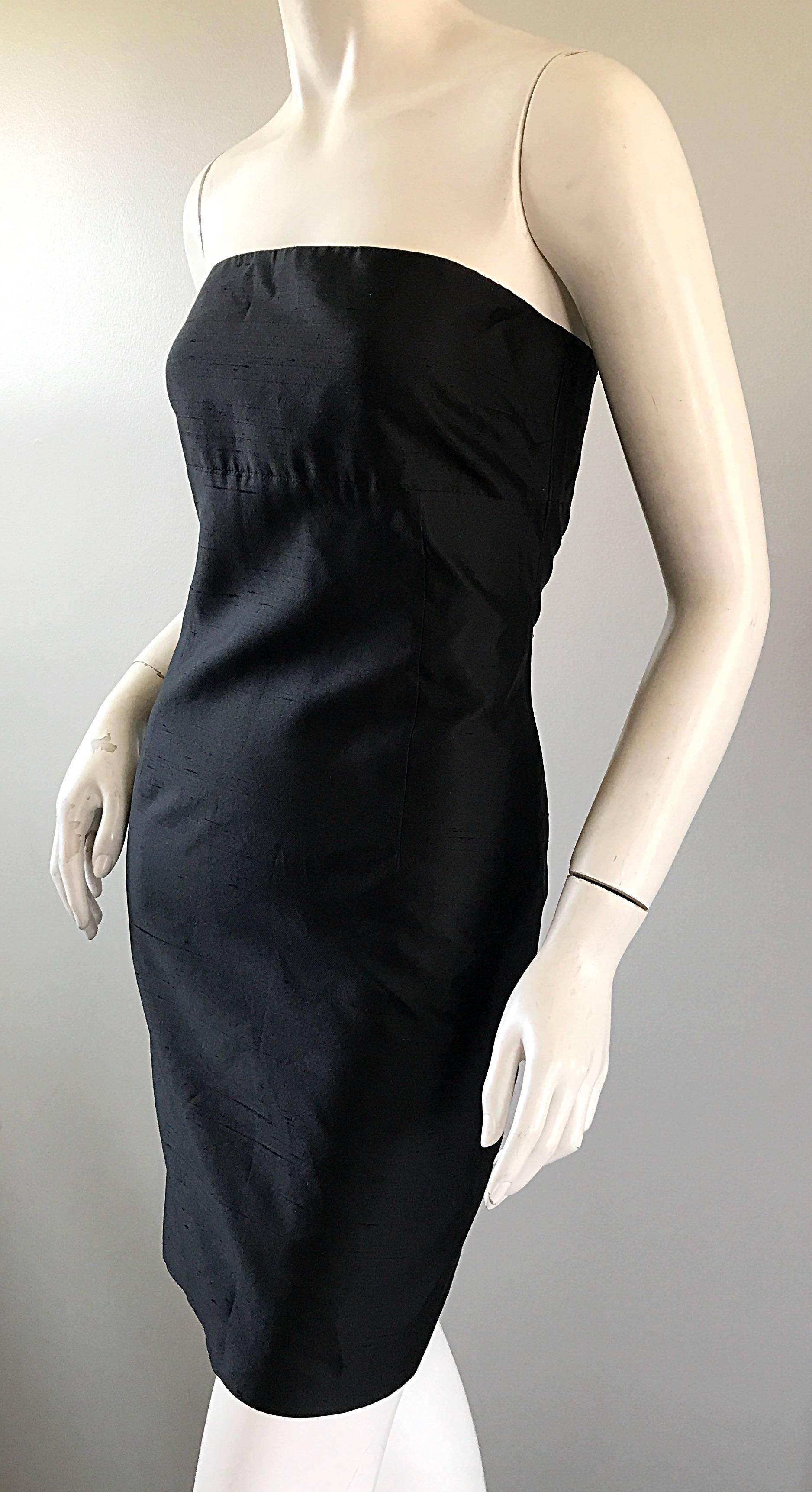 Women's 1990s Michael Kors Collection Size 2 Black Silk Shantung Strapless Vintage Dress For Sale