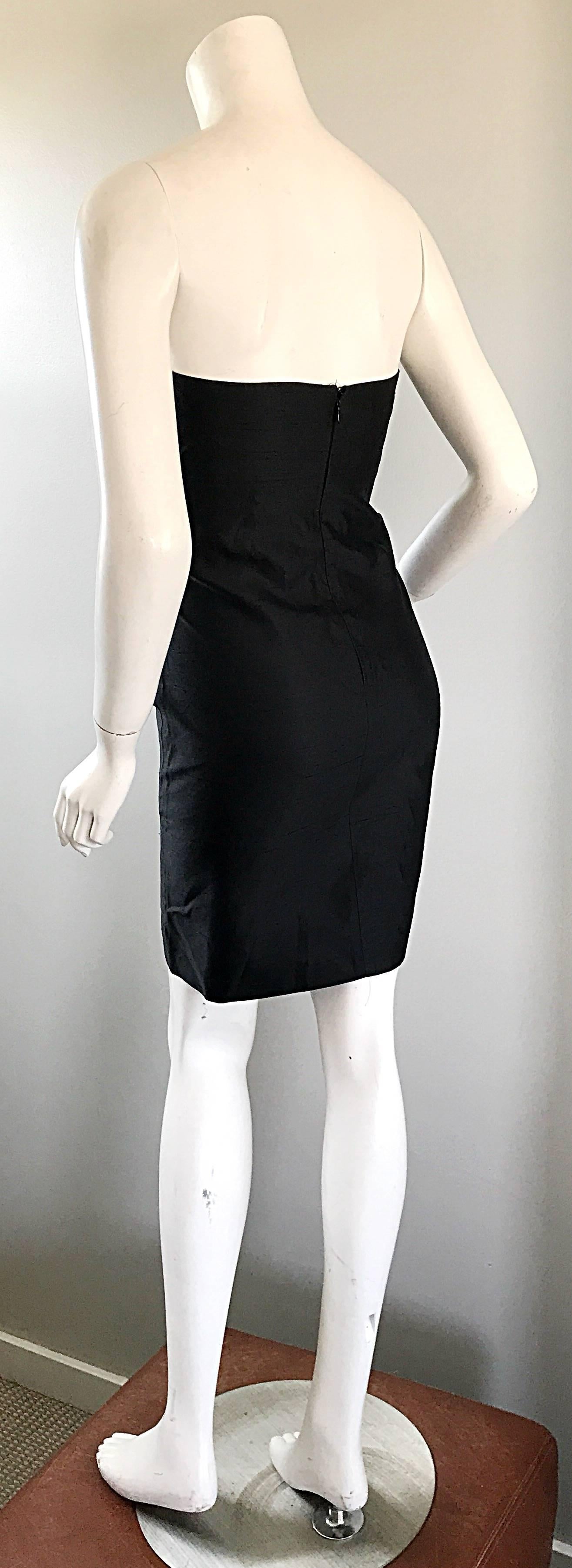 1990s Michael Kors Collection Size 2 Black Silk Shantung Strapless Vintage Dress For Sale 1