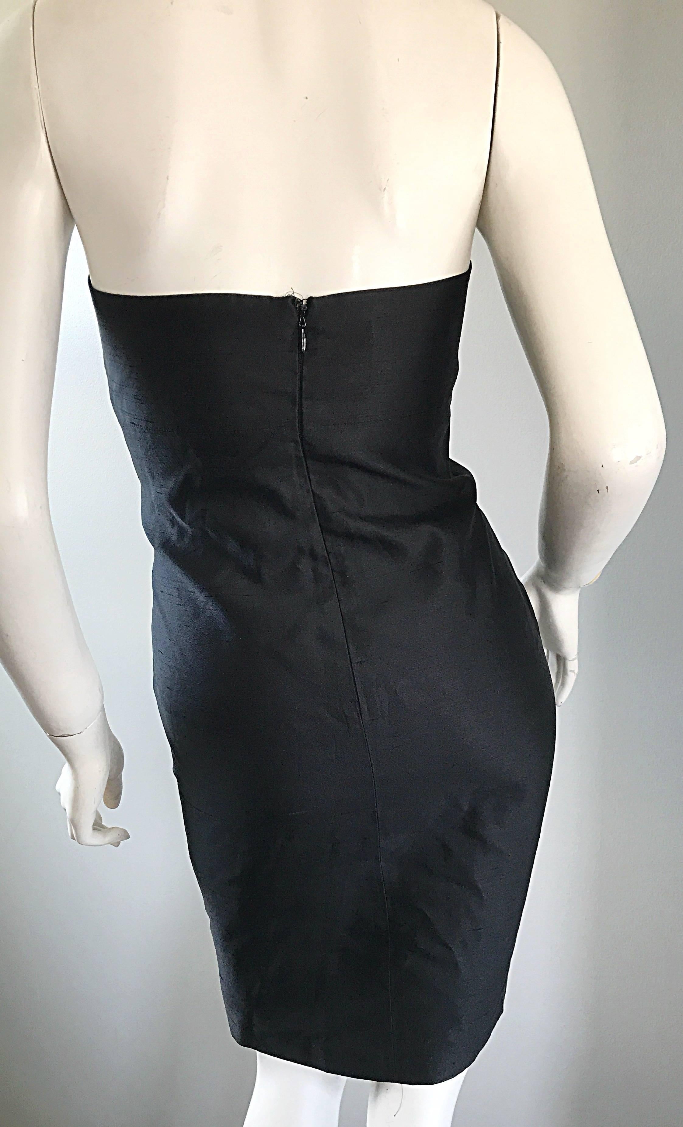1990s Michael Kors Collection Size 2 Black Silk Shantung Strapless Vintage Dress For Sale 2