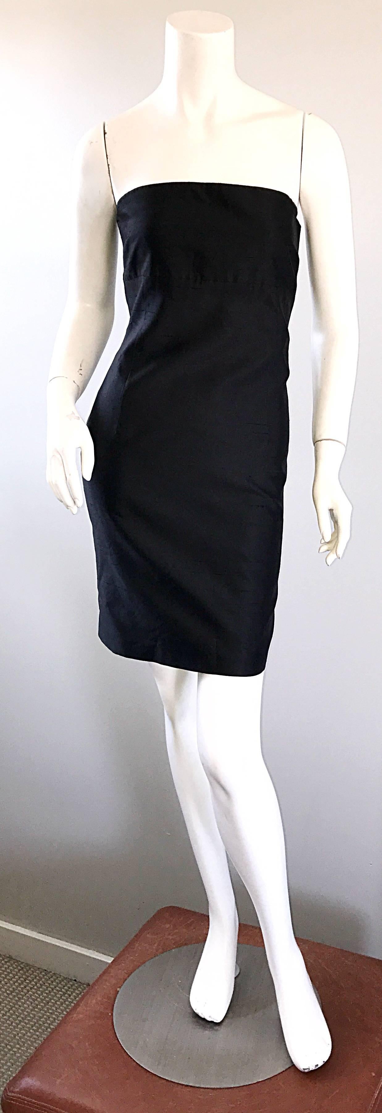 1990s Michael Kors Collection Size 2 Black Silk Shantung Strapless Vintage Dress For Sale 3