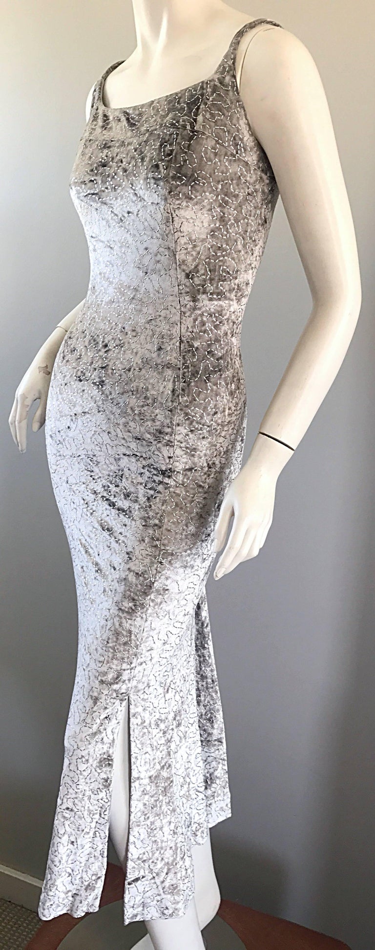 1990s Janine of London Lillie Rubin Silver Grey Metallic Crushed Velvet  Dress