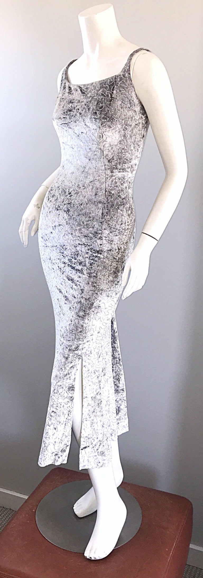 1990s Janine Of London Lillie Rubin Silver Grey Metallic Crushed Velvet Dress