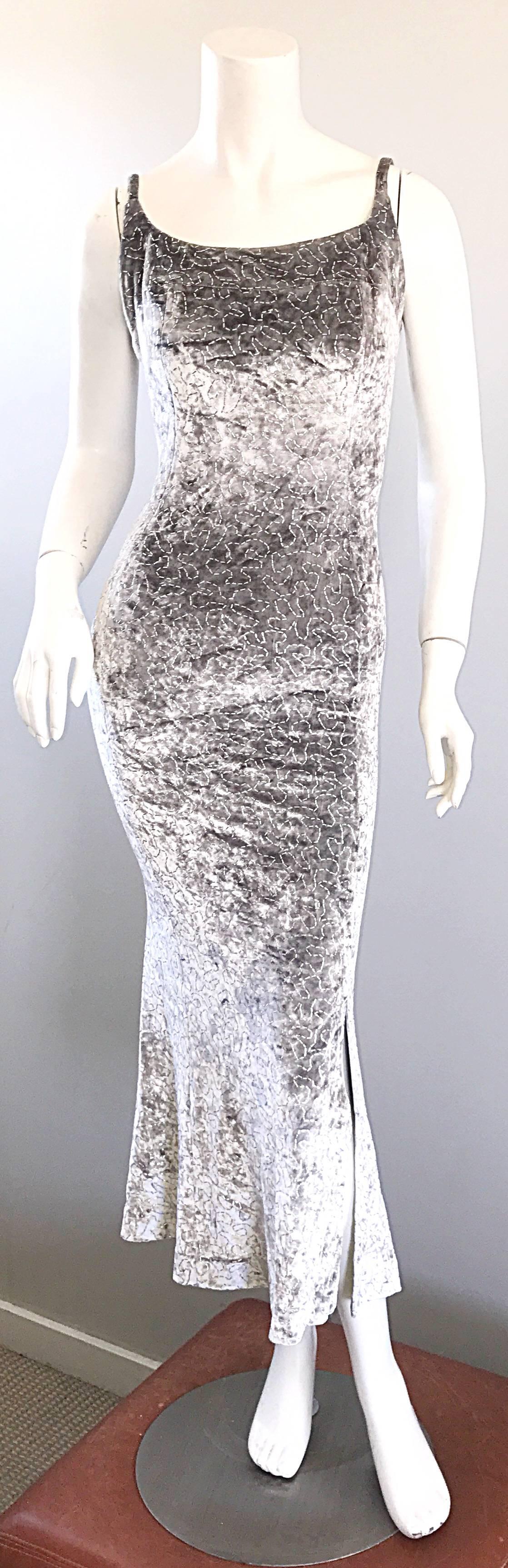 1990s Janine of London Lillie Rubin Silver Grey Metallic Crushed Velvet Dress  For Sale 1