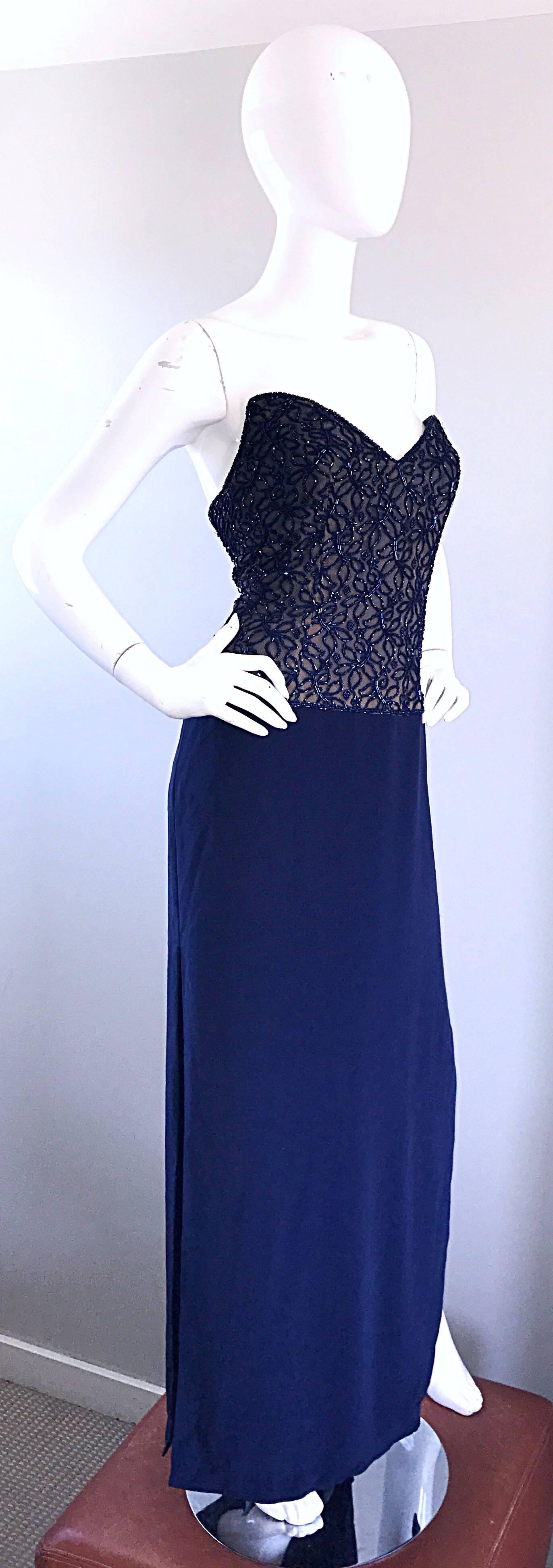 Black Vintage Bob Mackie Size 4 / 6 Navy Blue Beaded Sequin Strapless Evening Gown  For Sale