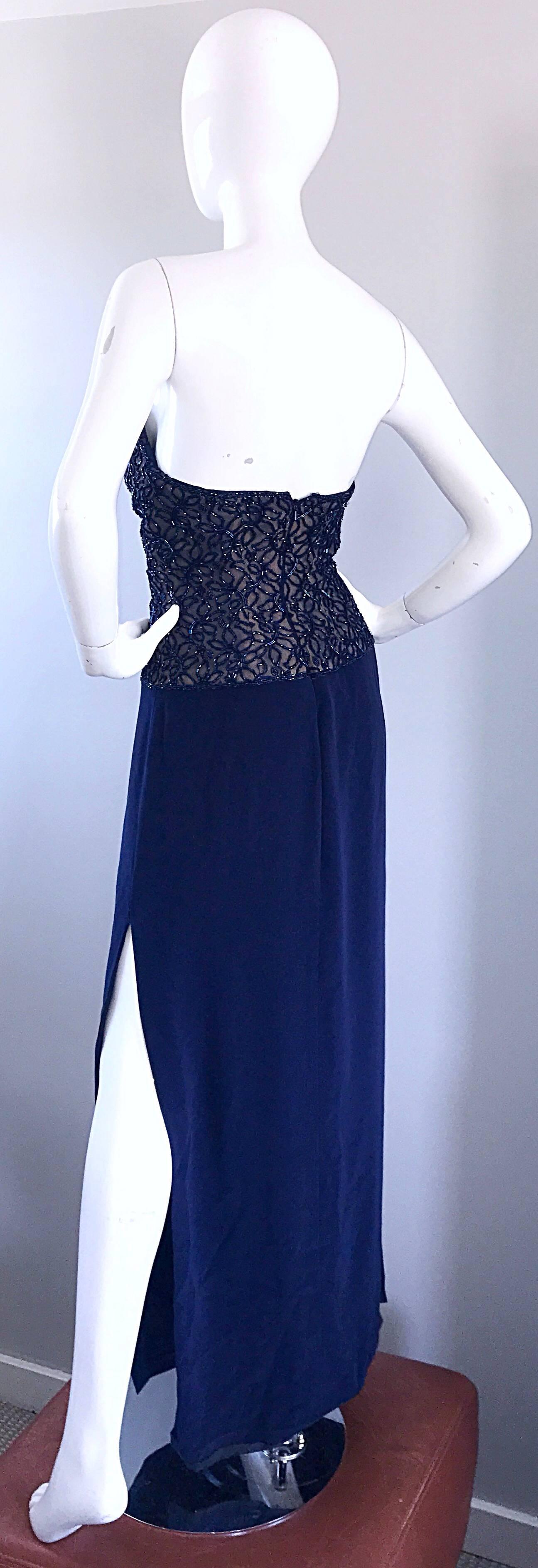 Vintage Bob Mackie Size 4 / 6 Navy Blue Beaded Sequin Strapless Evening Gown  In Excellent Condition For Sale In San Diego, CA