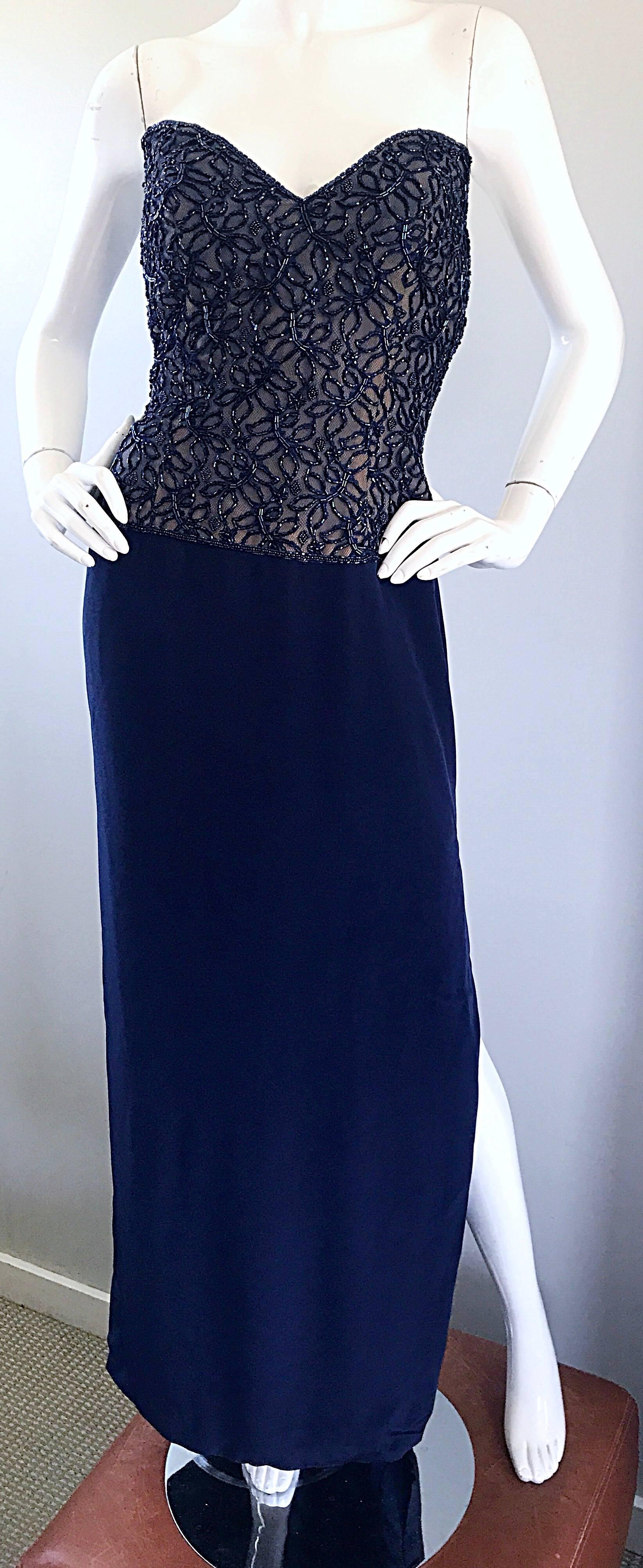 Women's Vintage Bob Mackie Size 4 / 6 Navy Blue Beaded Sequin Strapless Evening Gown  For Sale