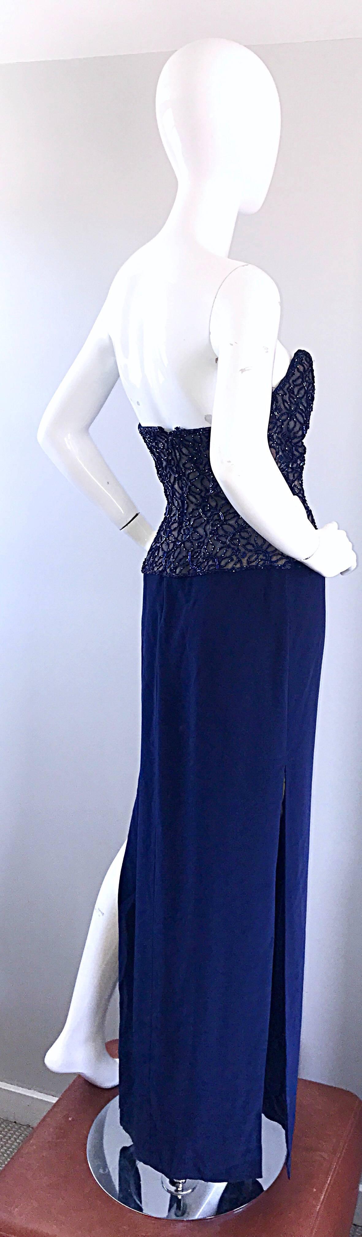 Vintage Bob Mackie Size 4 / 6 Navy Blue Beaded Sequin Strapless Evening Gown  For Sale 1