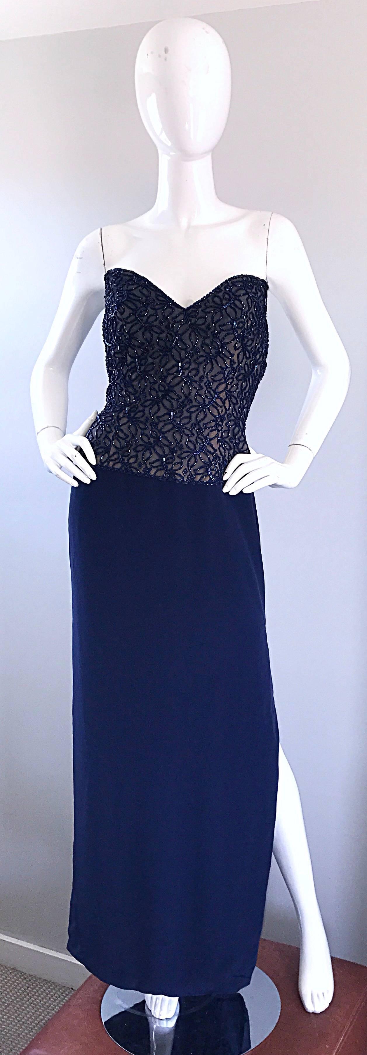 Vintage Bob Mackie Size 4 / 6 Navy Blue Beaded Sequin Strapless Evening Gown  For Sale 2