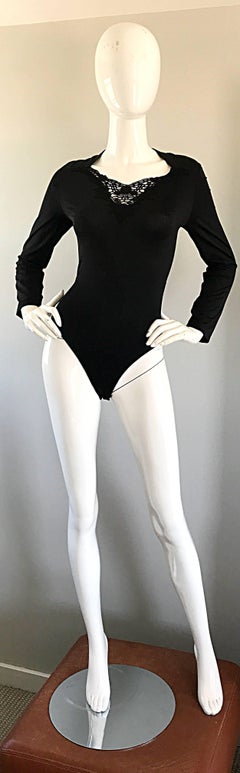 Vintage Escada Margaretha Ley Black Crochet Sequin Beaded 1990s Bodysuit Onesie