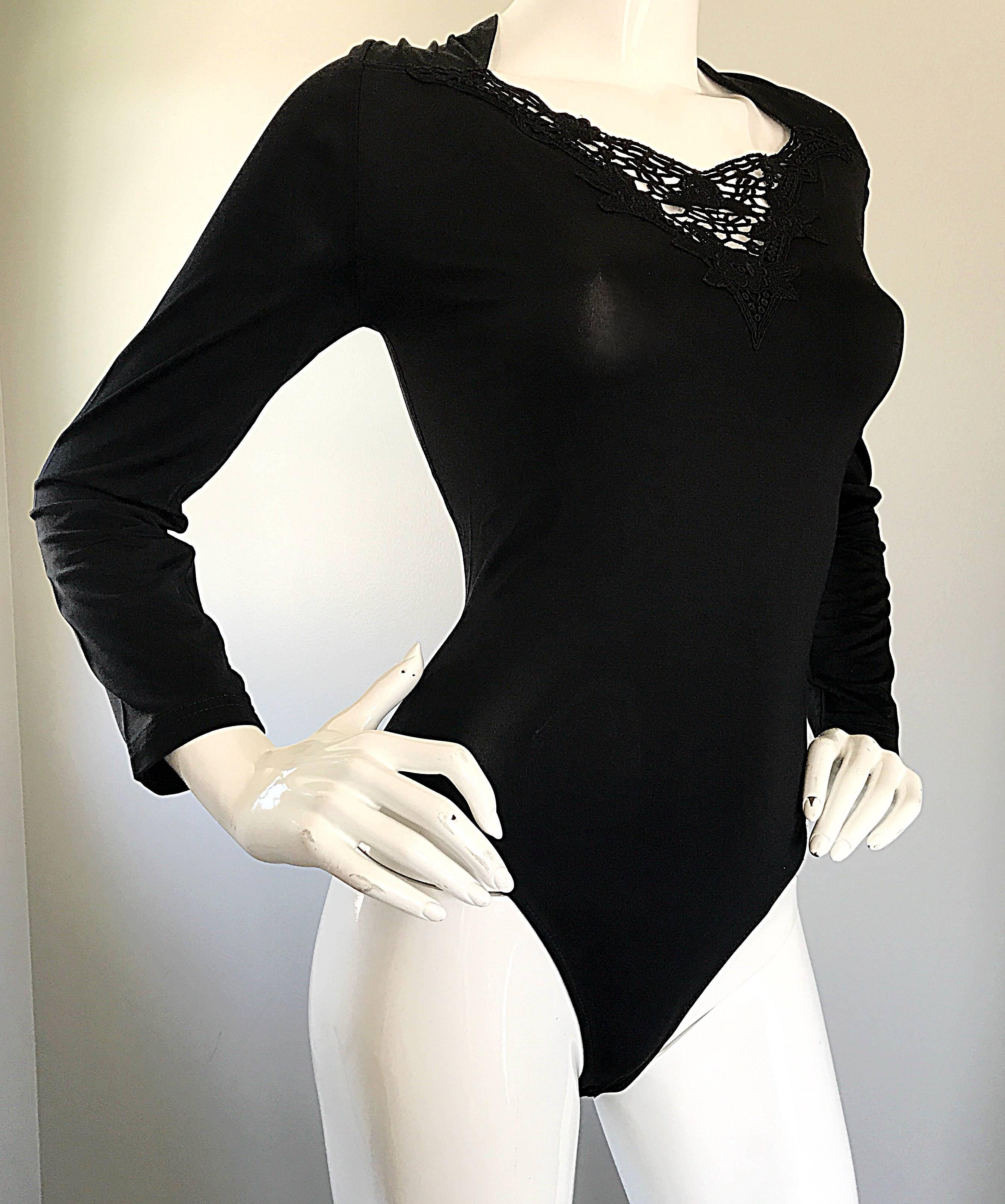 Women's Vintage Escada Margaretha Ley Black Crochet Sequin Beaded 1990s Bodysuit Onesie For Sale