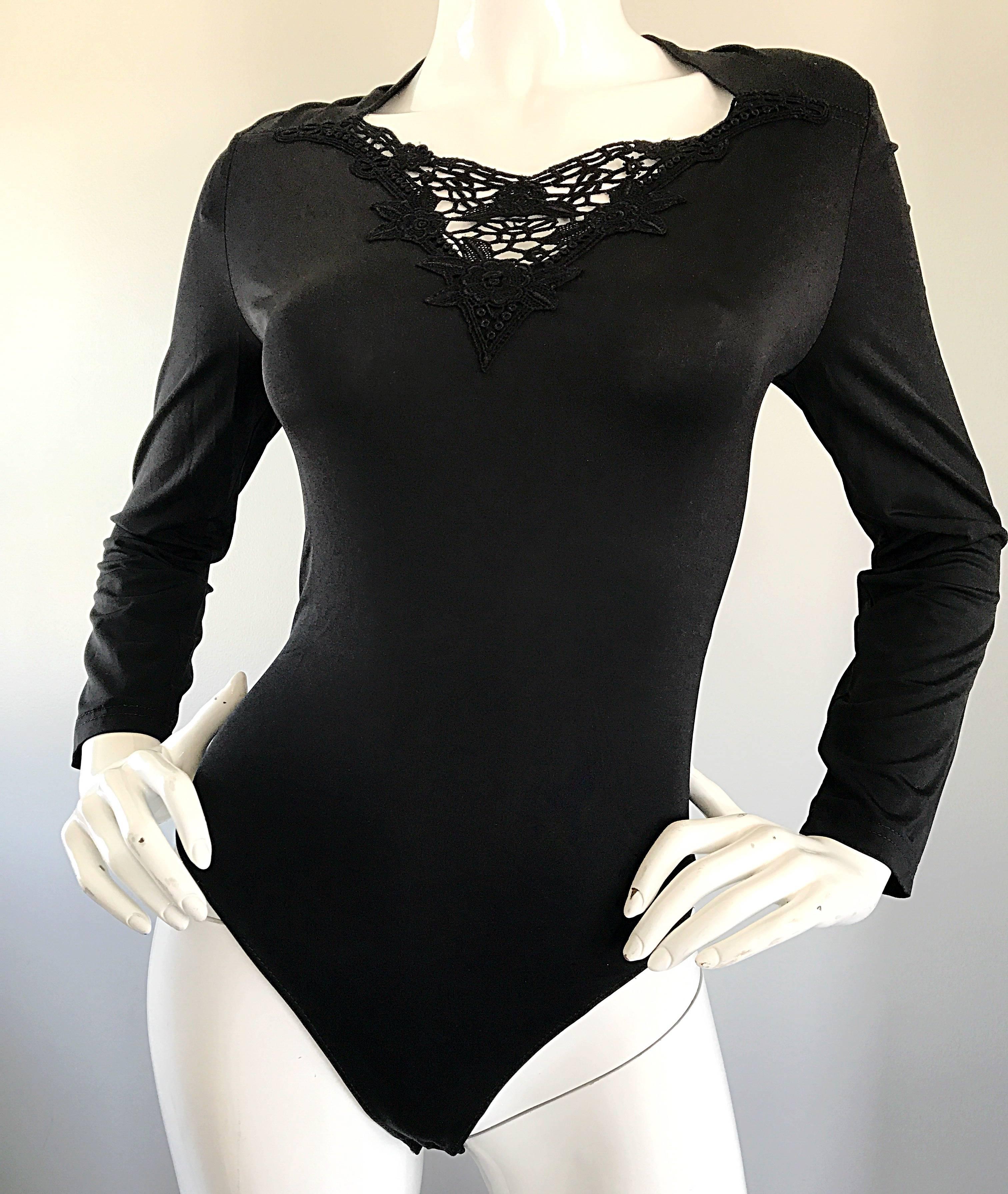 Vintage Escada Margaretha Ley Black Crochet Sequin Beaded 1990s Bodysuit Onesie For Sale 2