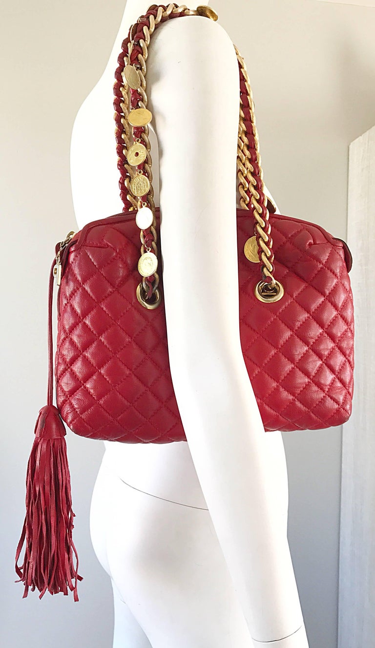 Vintage Italian Paola by PDL Firenze Red Quilted Leather 1990s Coins