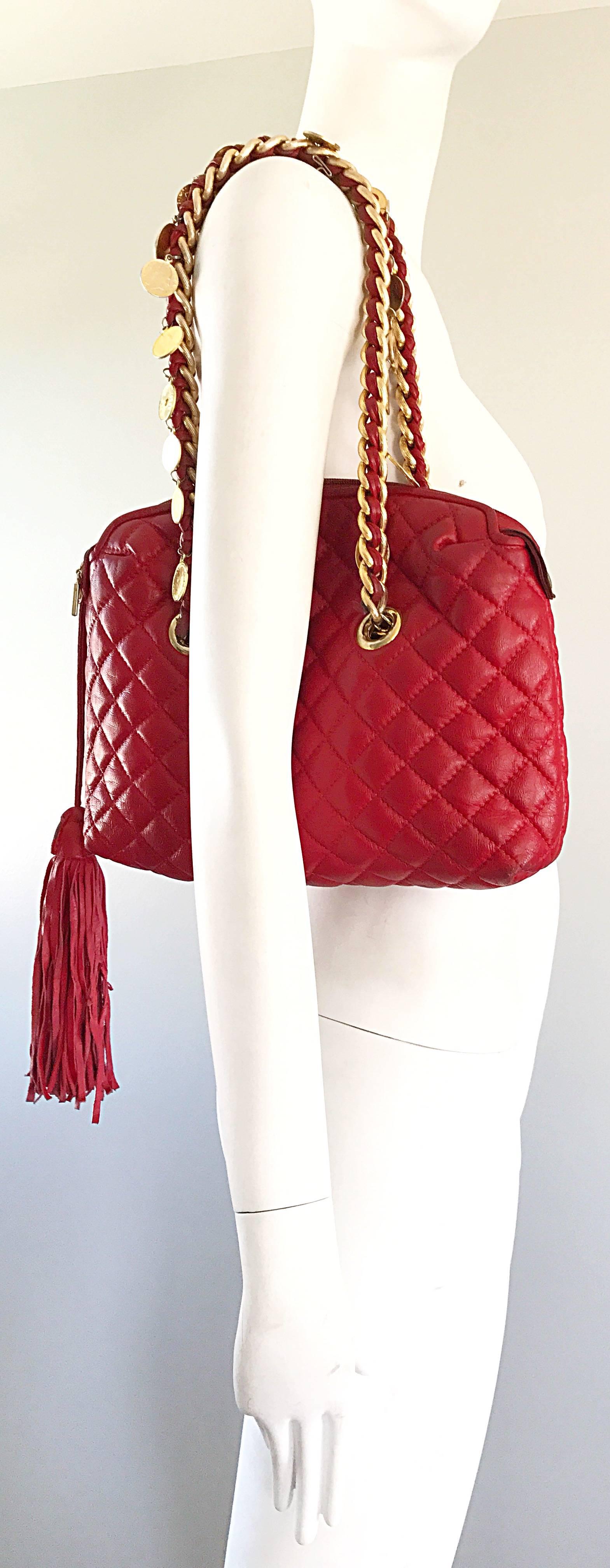 Women's Vintage Italian Paola by PDL Firenze Red Quilted Leather 1990s Coins Handbag Bag