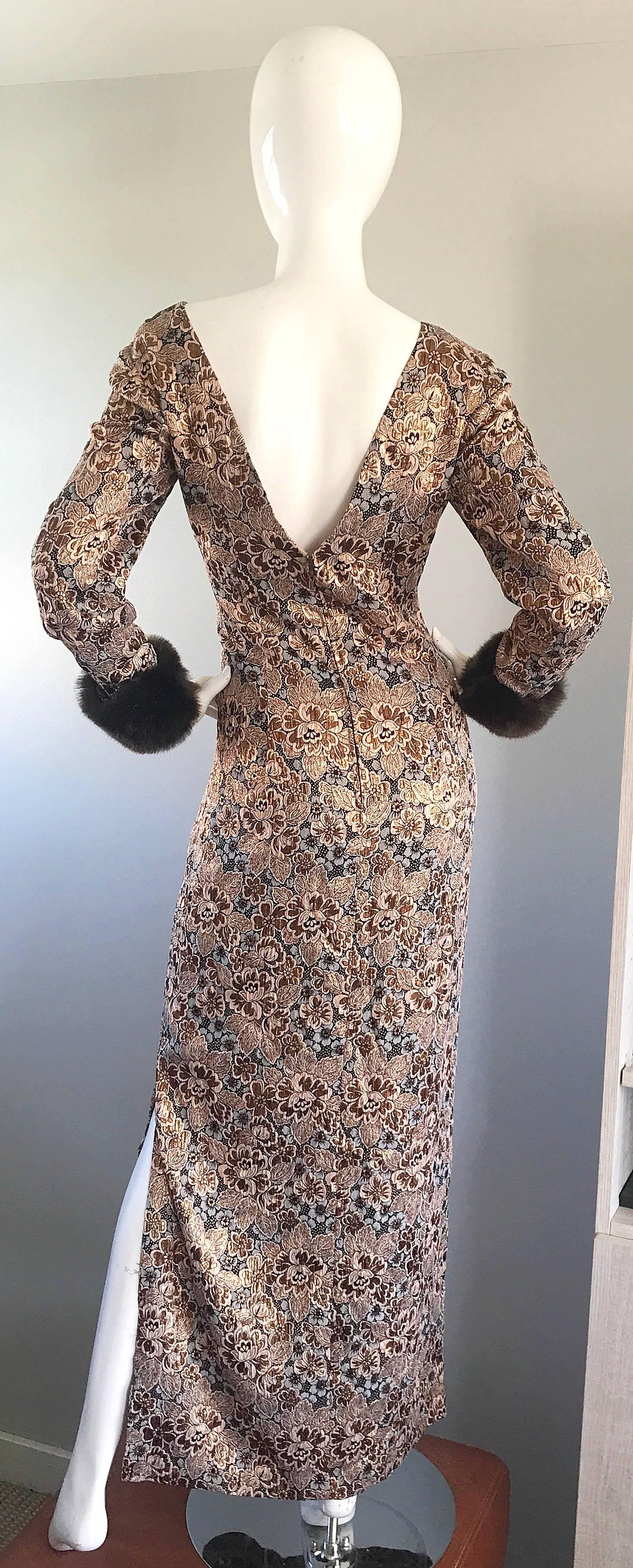 Bill Blass Demi Couture Vintage-Kleid aus Goldbronze und braunem Kunstpelz, 1960er Jahre  (Braun) im Angebot