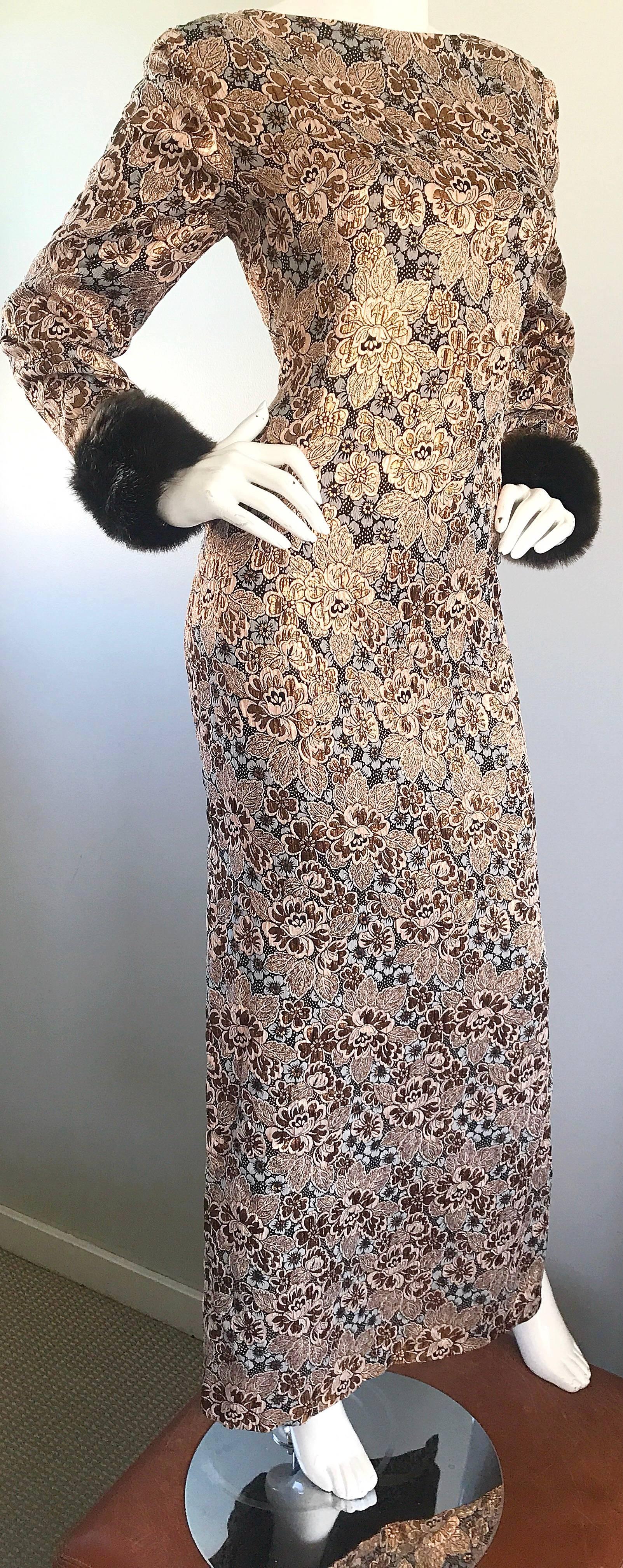 Women's Bill Blass Demi Couture Gold Bronze Brown Faux Fur Vintage Gown, 1960s  For Sale
