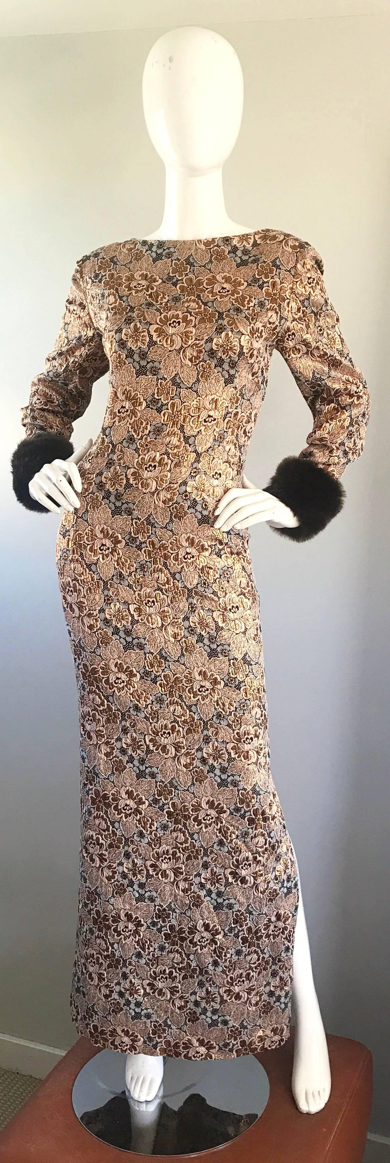 Bill Blass Demi Couture Vintage-Kleid aus Goldbronze und braunem Kunstpelz, 1960er Jahre  im Angebot 5
