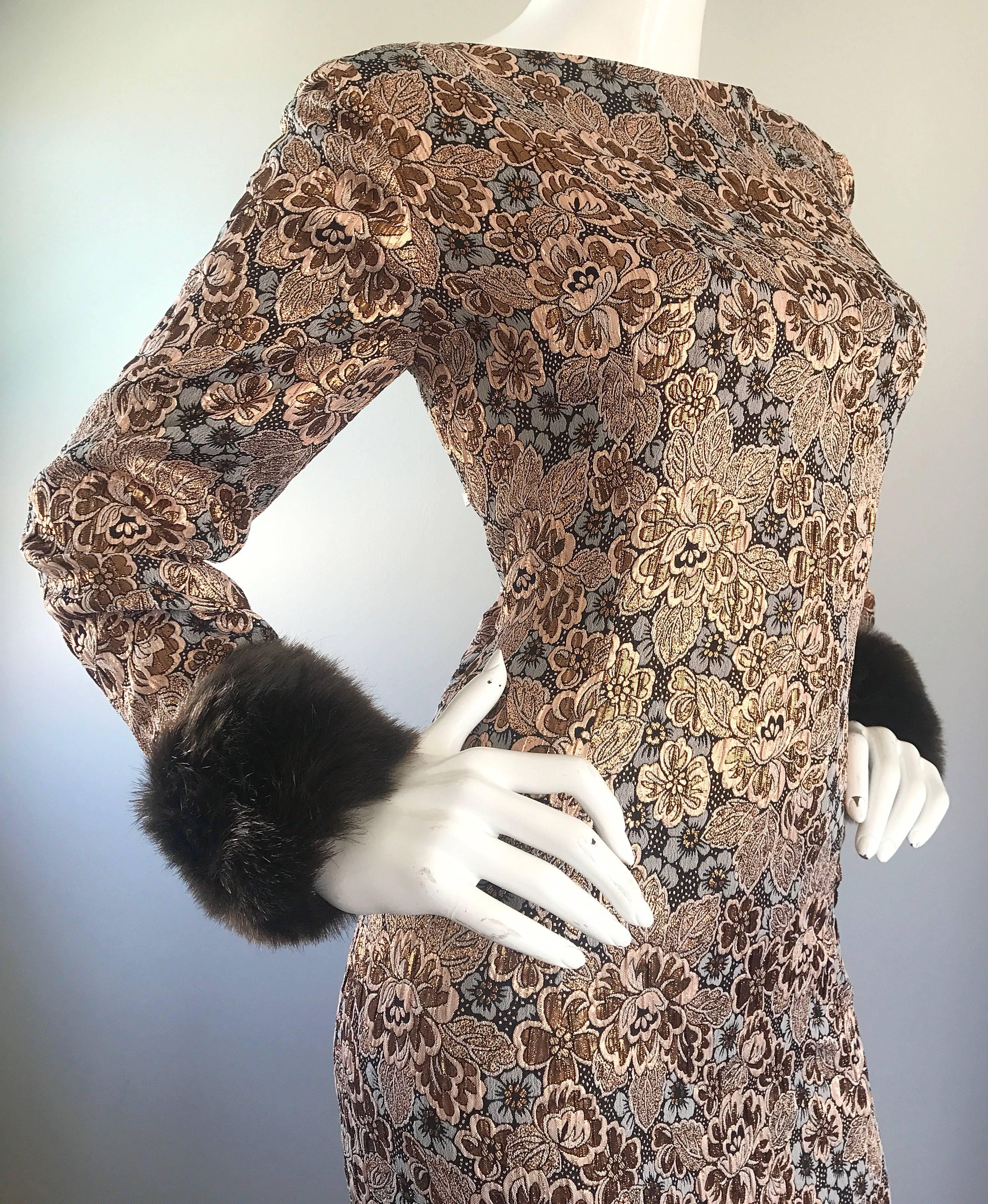 Bill Blass Demi Couture Vintage-Kleid aus Goldbronze und braunem Kunstpelz, 1960er Jahre  im Angebot 3