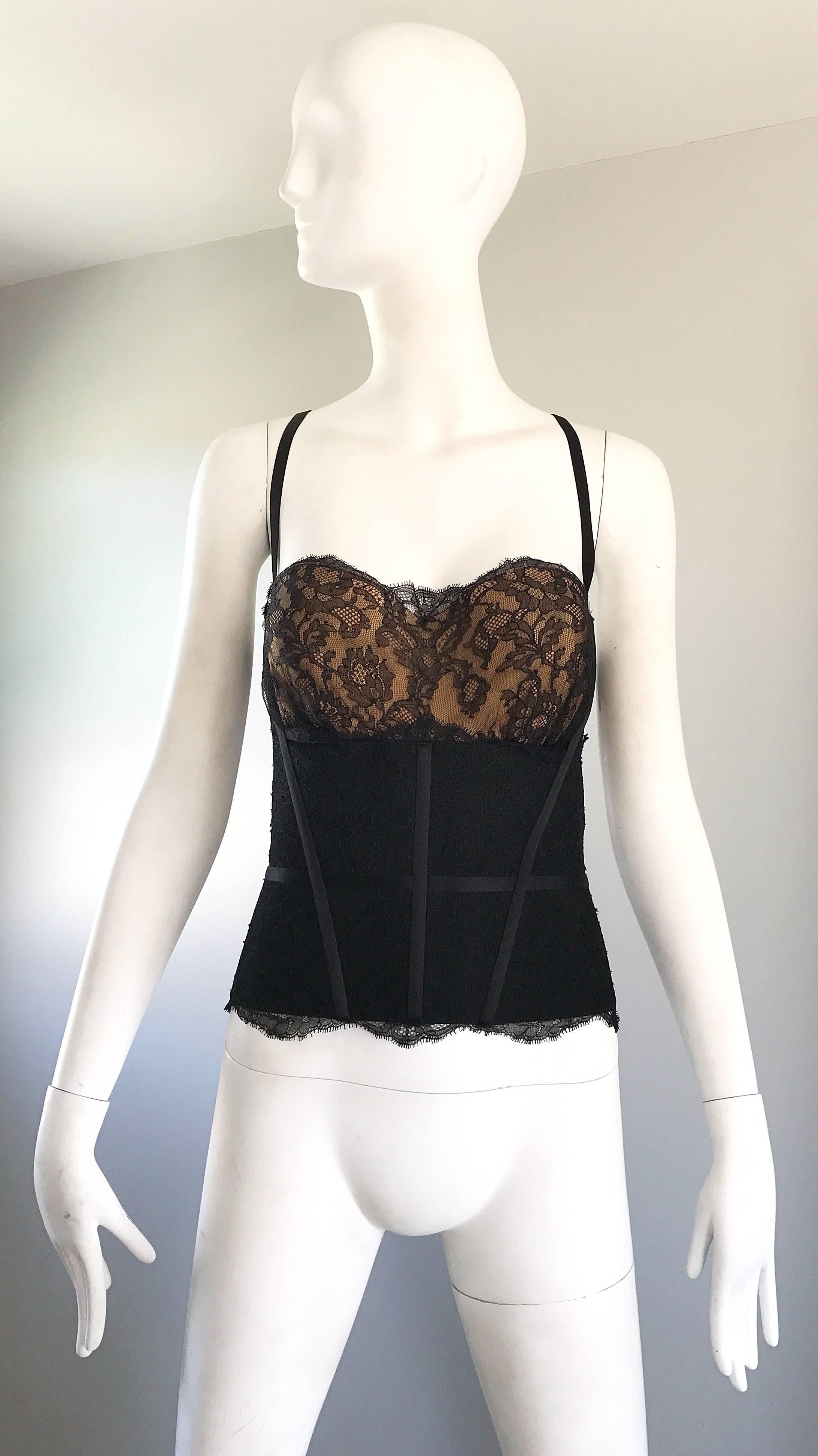 Sexy and never worn 1990s LA PERLA black and padded nude lace bustier top! Features a black elastic bodice that stretches to fit, with a nude elastic bust. Black lace overlay is elegant, yet seductive! Hidden zipper up the back with hook-and-eye