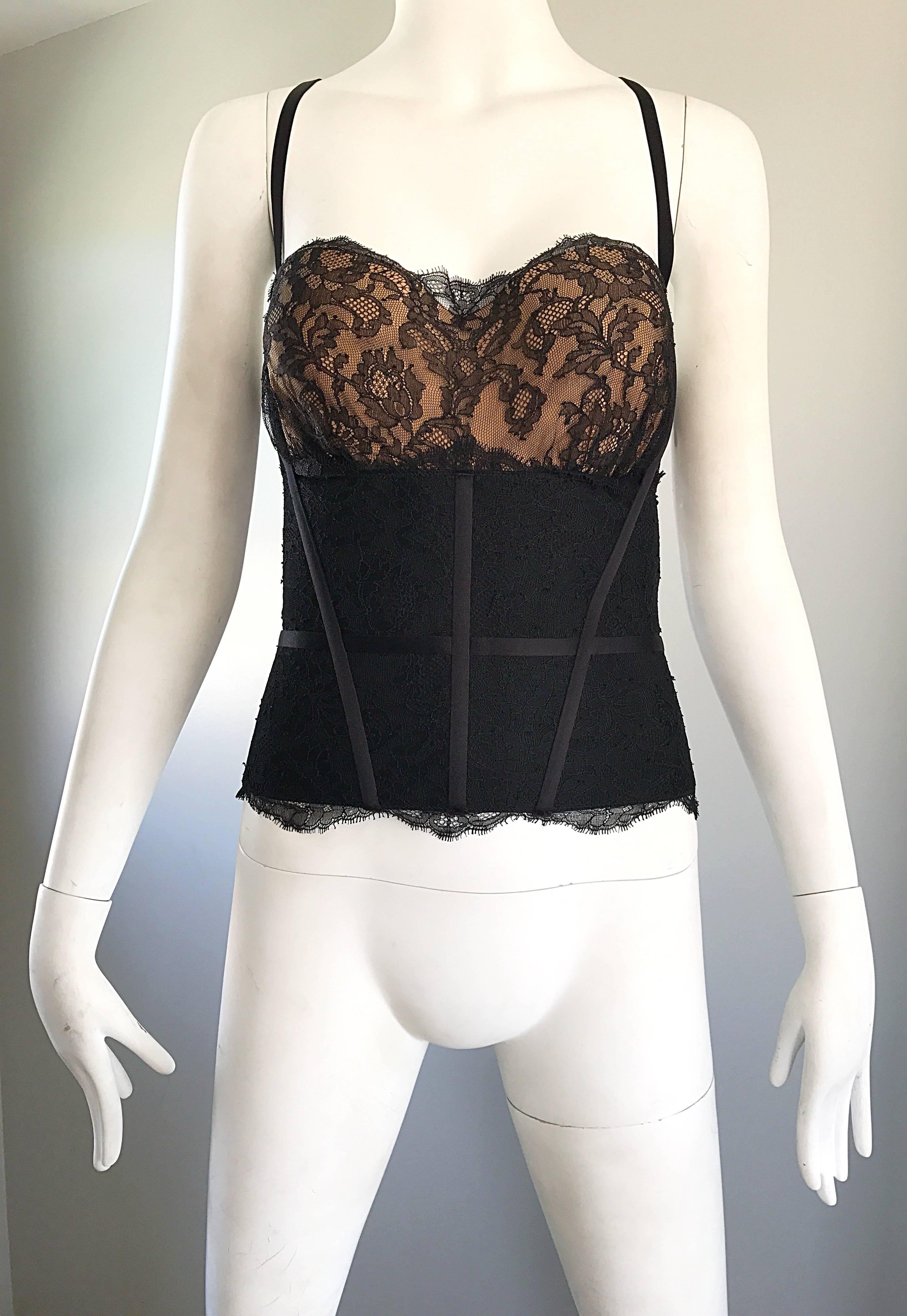 Women's New 1990s La Perla Black and Nude Lace Sexy Vintage 90s Bustier Corset Top For Sale
