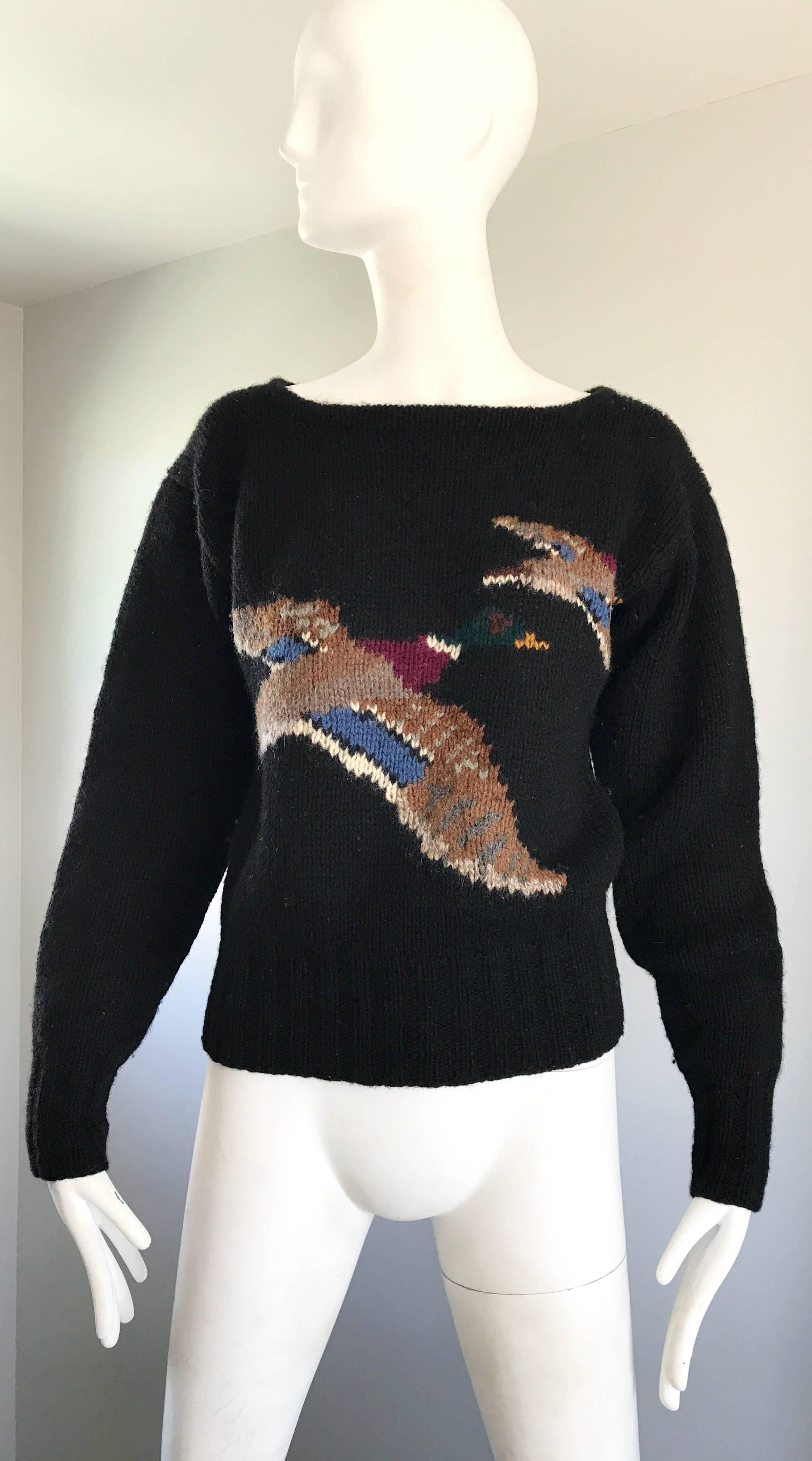 Rare vintage RALPH LAUREN Blue Label Intarsia hand knitted novelty duck print black wool sweater! Features two ducks flying across the front. Warm hues of maroon burgundy, green, blue, tan, brown and white. Soft virgin wool is so soft, and keeps you