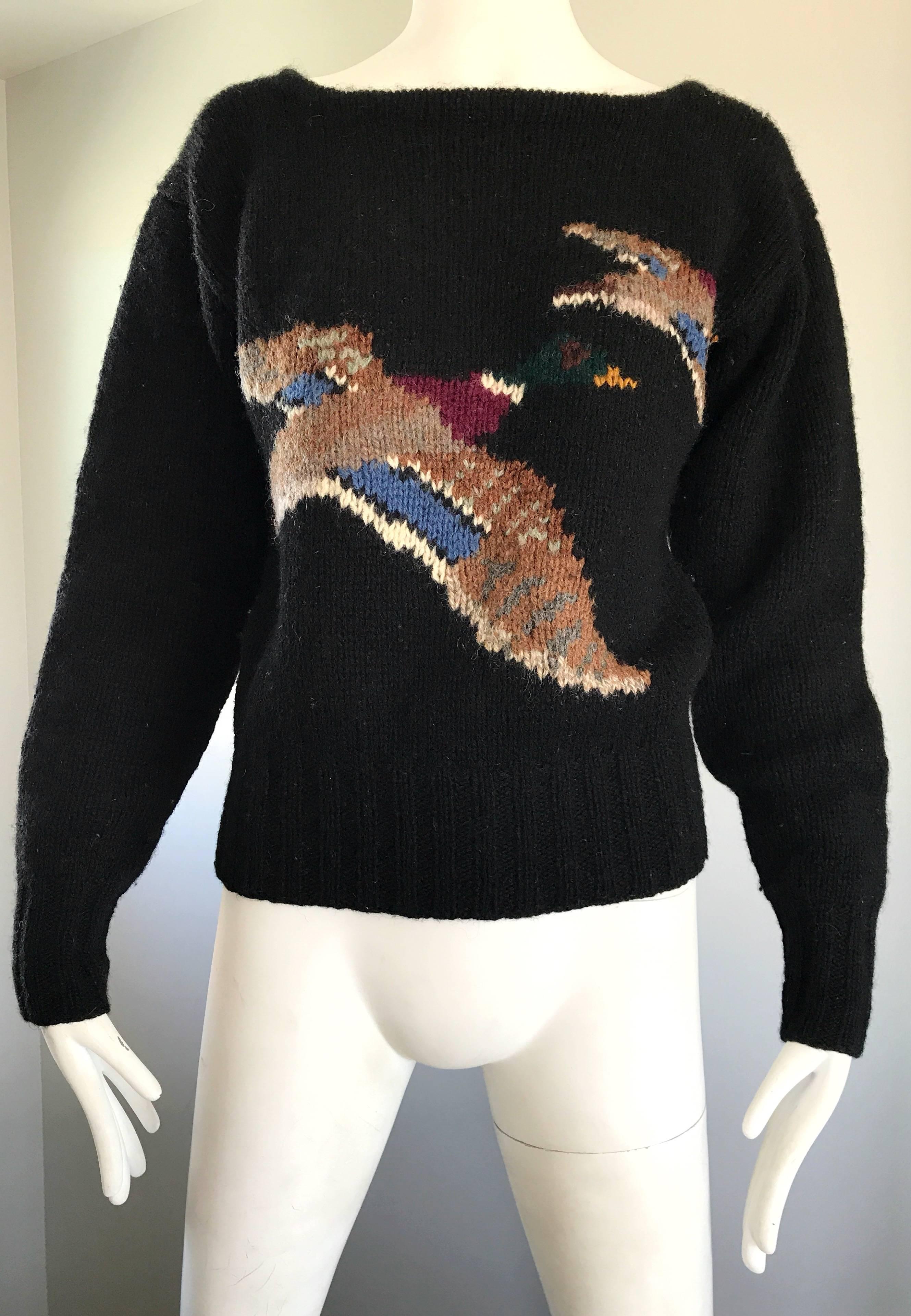 Rare Vintage Ralph Lauren Blue Label Intarsia Novelty Duck Print Wool Sweater In Excellent Condition In San Diego, CA