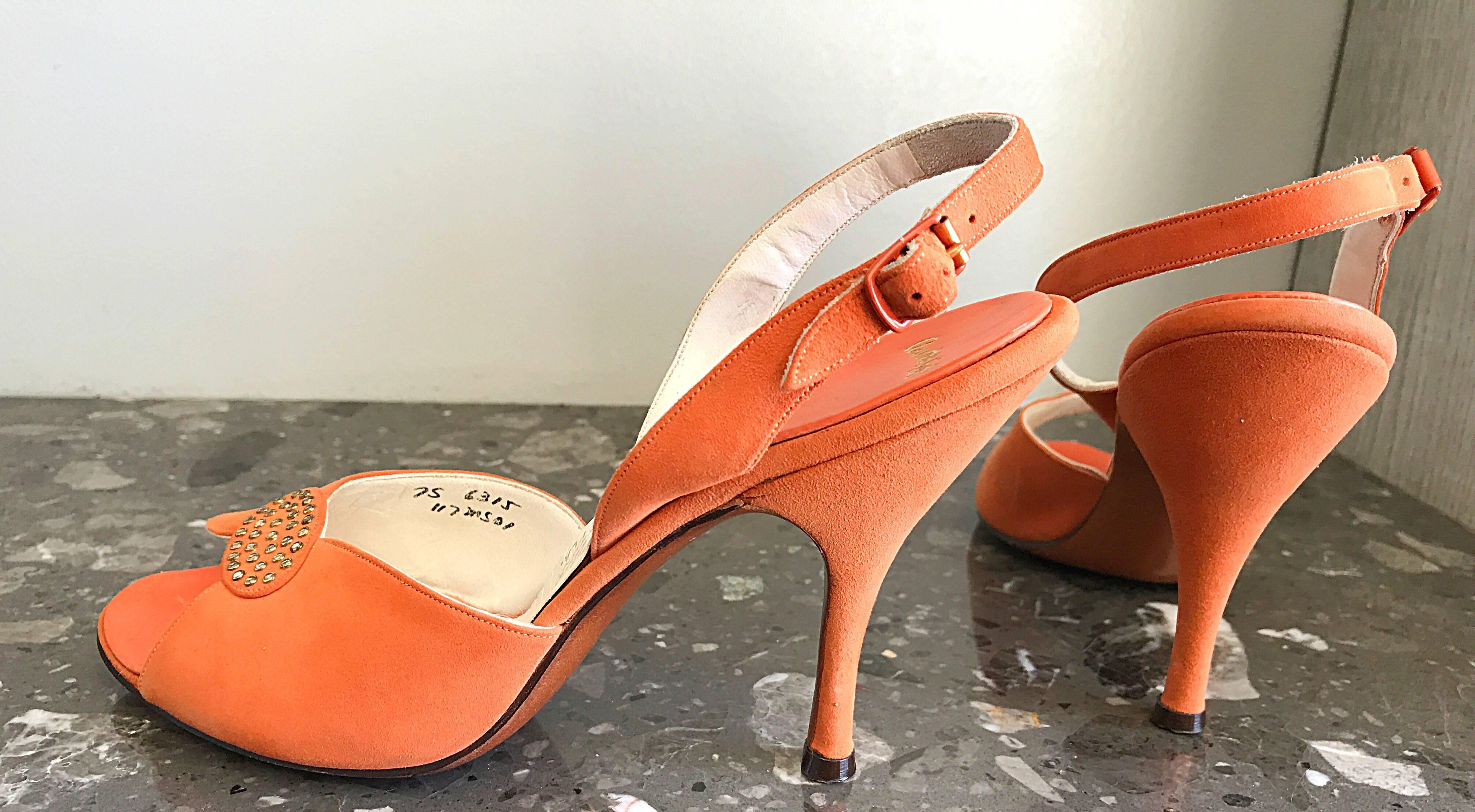New 1950s Mackey Starr Size 6N Sorbet Orange Leather Rhinestone Slingback Heels  In New Condition For Sale In San Diego, CA