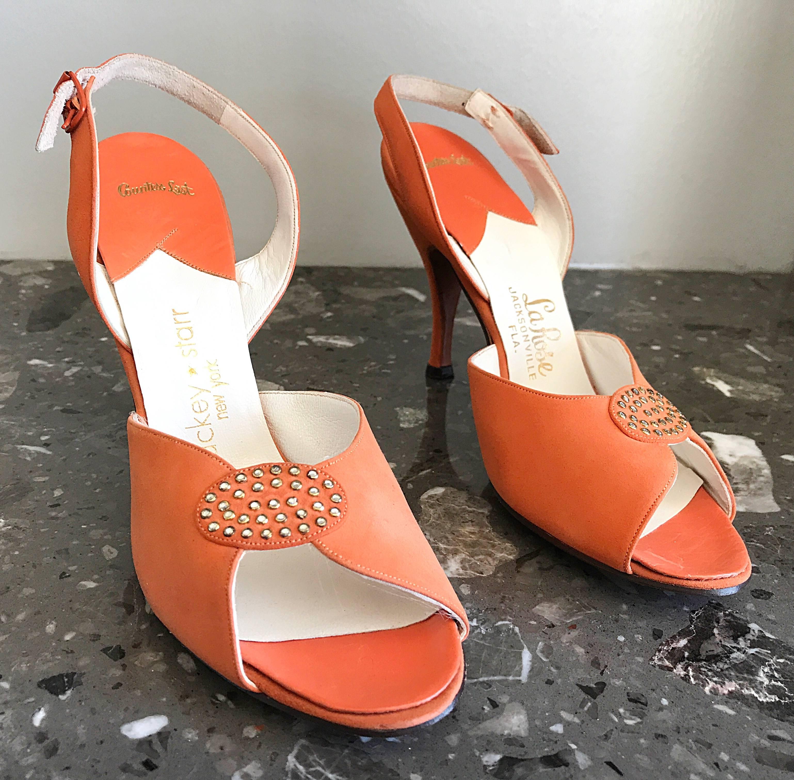 New 1950s Mackey Starr Size 6N Sorbet Orange Leather Rhinestone Slingback Heels  For Sale 1