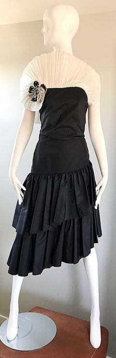 1980s Nicoletta Italian Black and White Silk Taffeta Avant Garde Top & Skirt Set