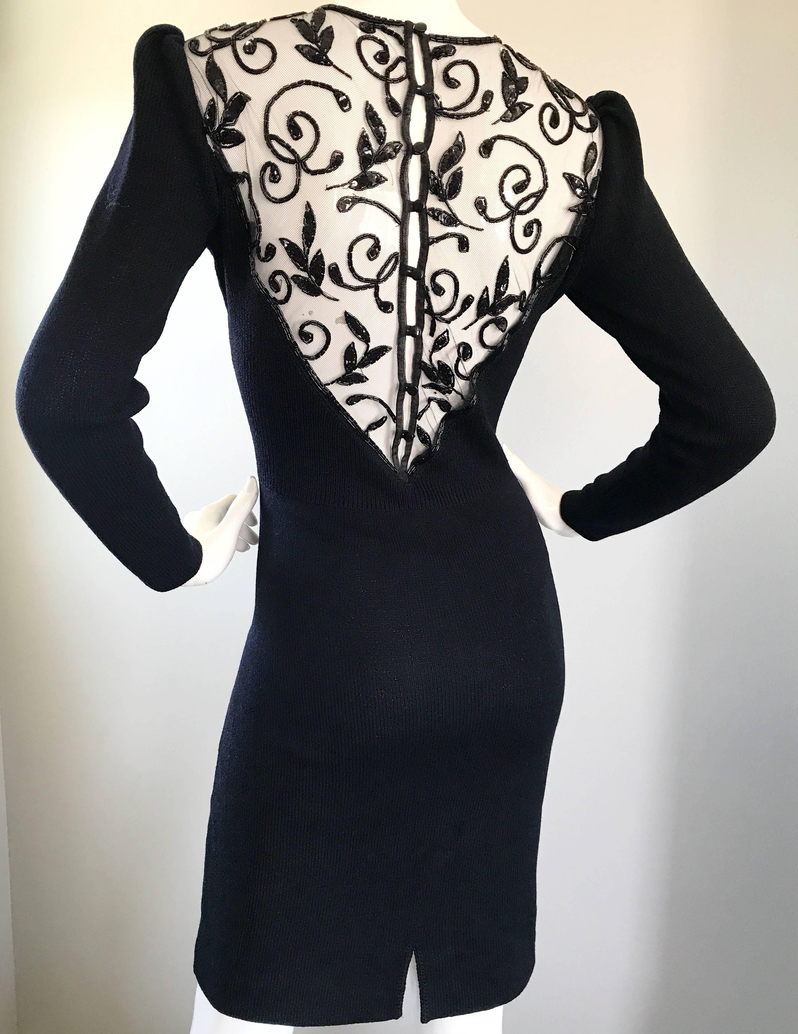 Vintage St John by Marie Gray Black Santana Knit Sequin Cut-Out Back 1990s Dress 1
