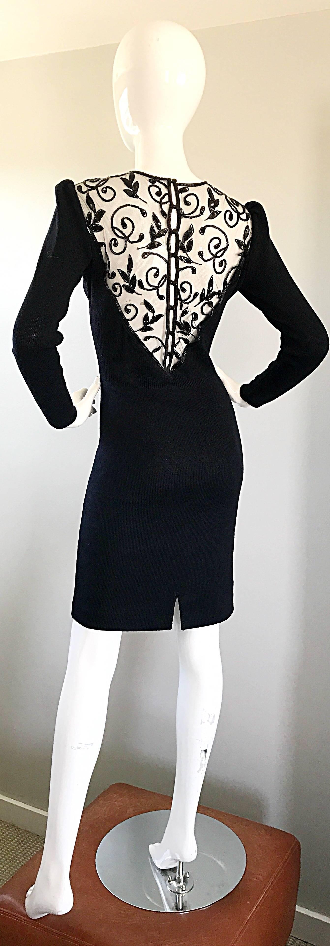 Vintage St John by Marie Gray Black Santana Knit Sequin Cut-Out Back 1990s Dress 3