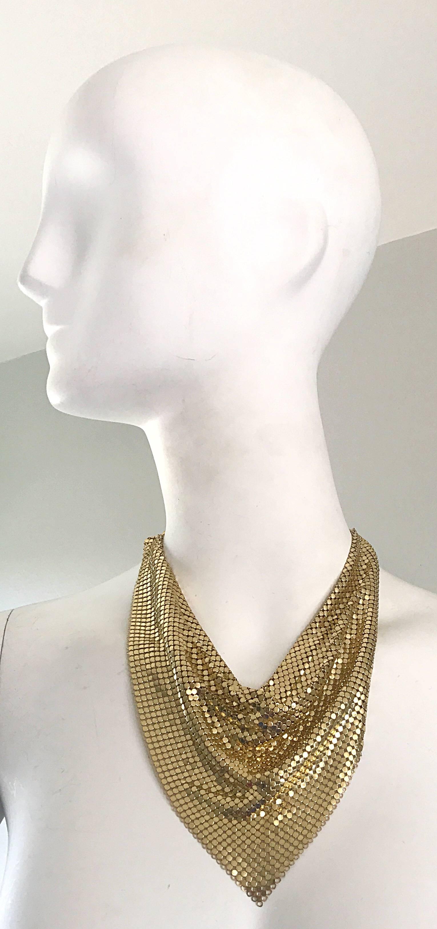 Amazing rare 1970s WHITING AND DAVIS gold metal mesh necklace bib necklace! Completely done in gold metal chainmail, with an adjustable clasp. Can be worn by any size. Great casual to dressy. In great condition.              Made in USA