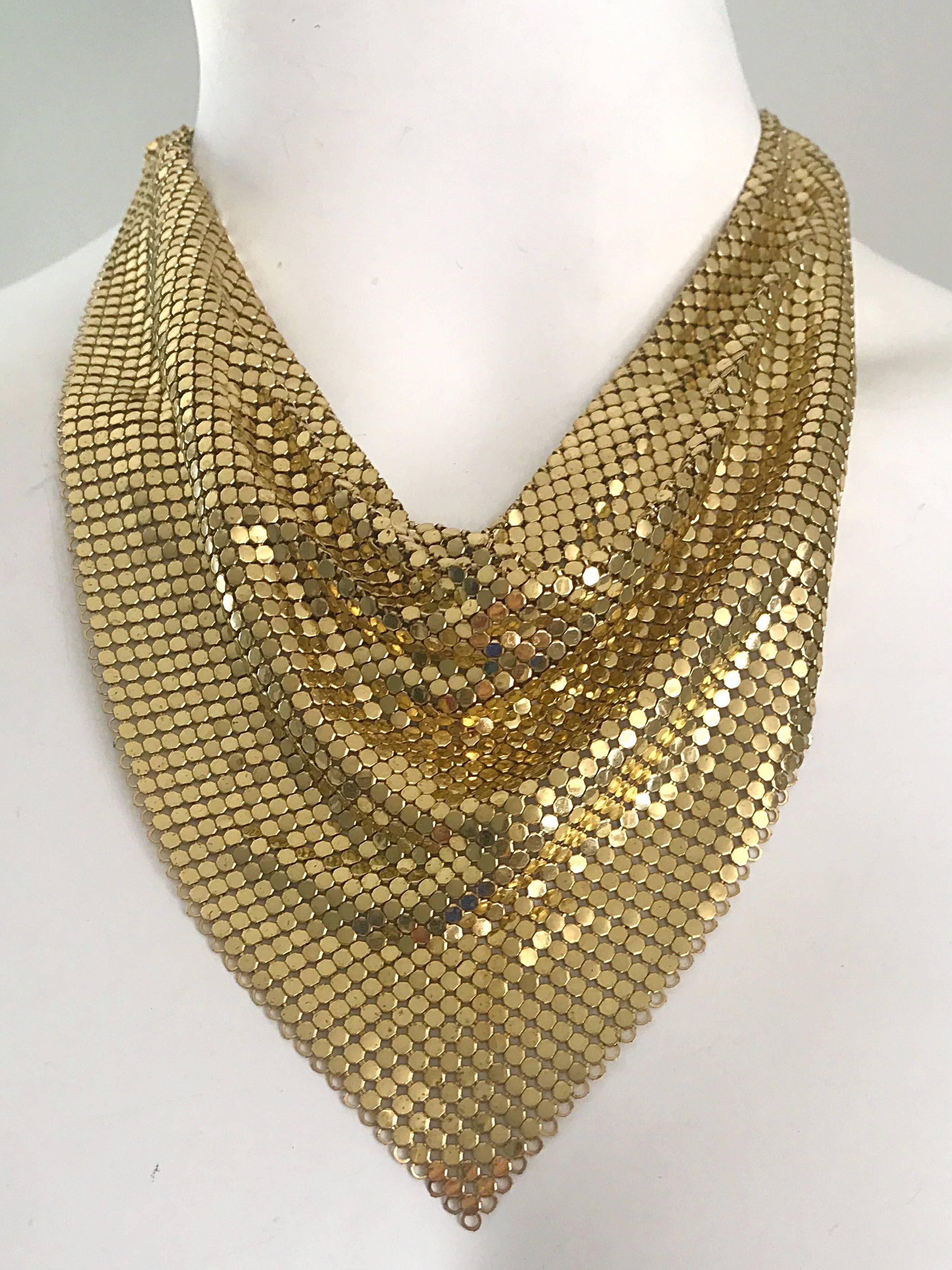 1970s Whiting & Davis Gold Metal Chain Mail Mesh Collar Vintage 70s Bib Necklace In Excellent Condition In San Diego, CA