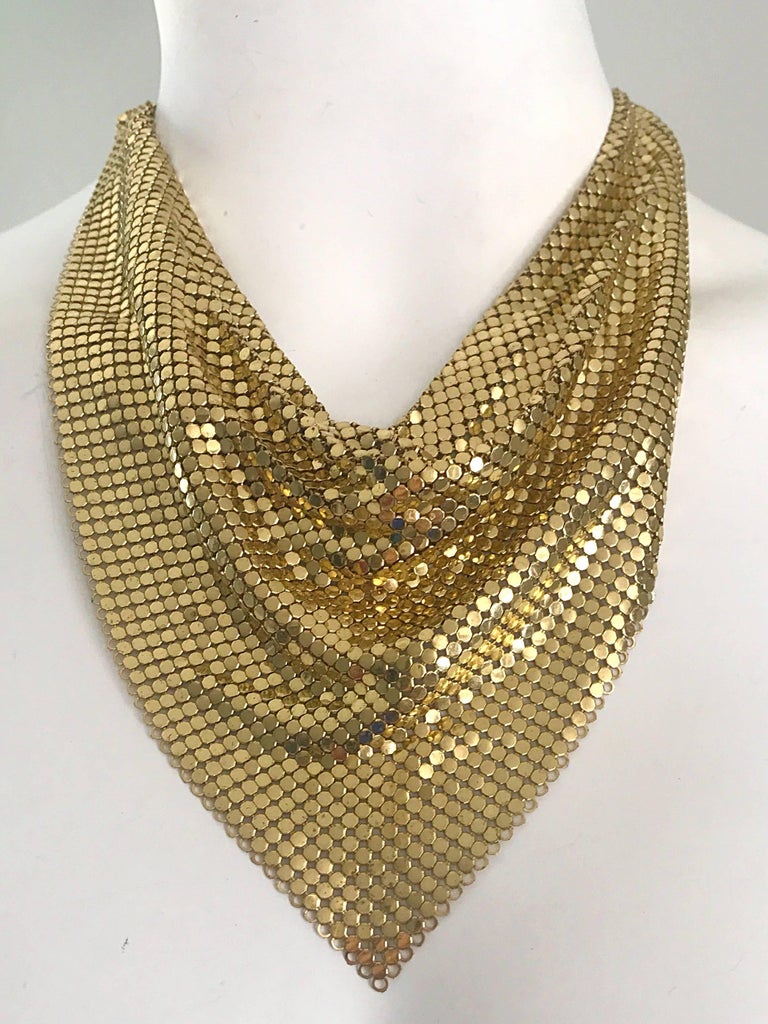1970s Whiting and Davis Gold Metal Chain Mail Mesh Collar Vintage 70s