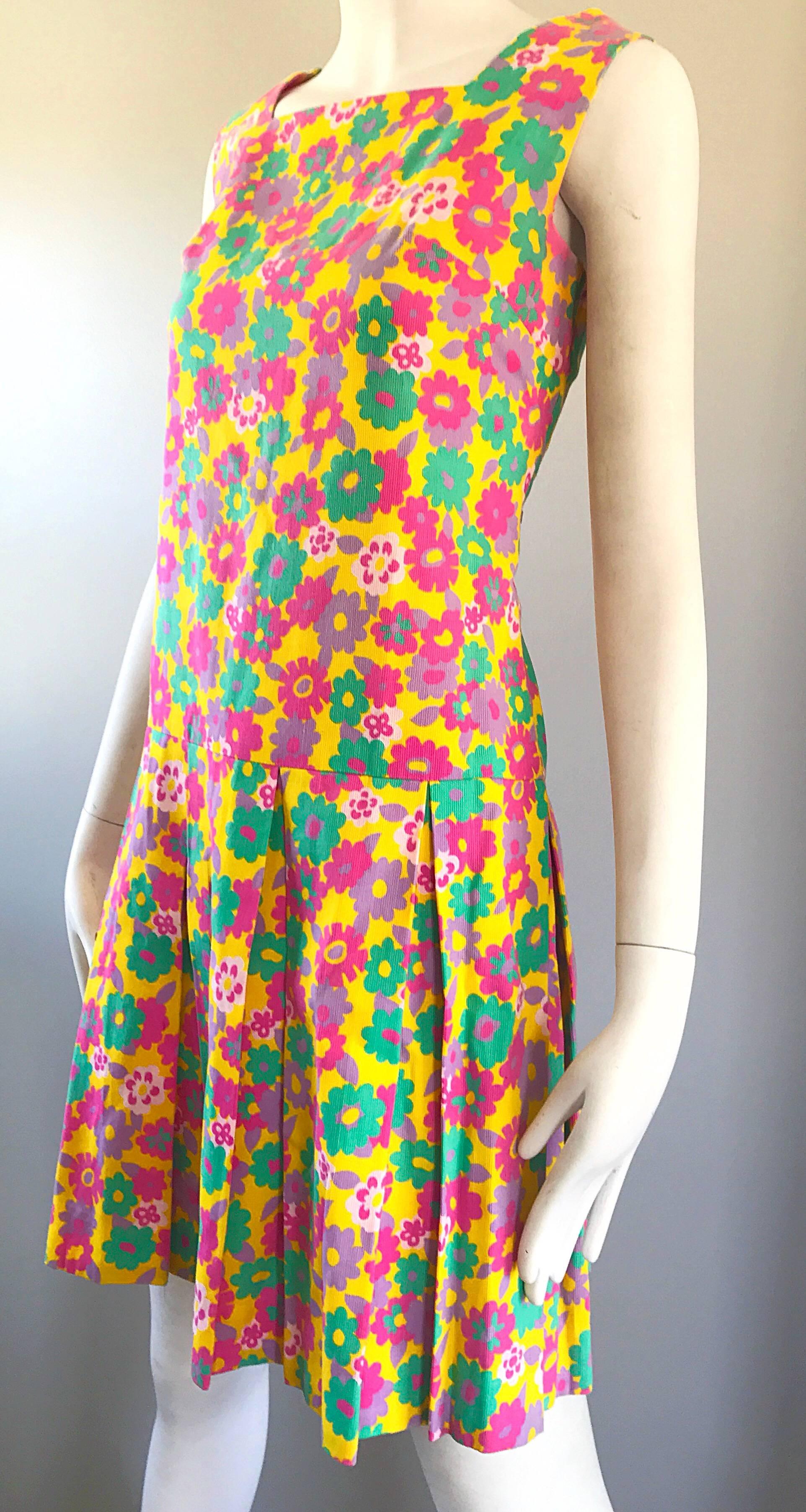 Beige 1960s Yellow + Pink + Green Flower Power Cotton Vintage 60s Scooter Dress Twiggy For Sale